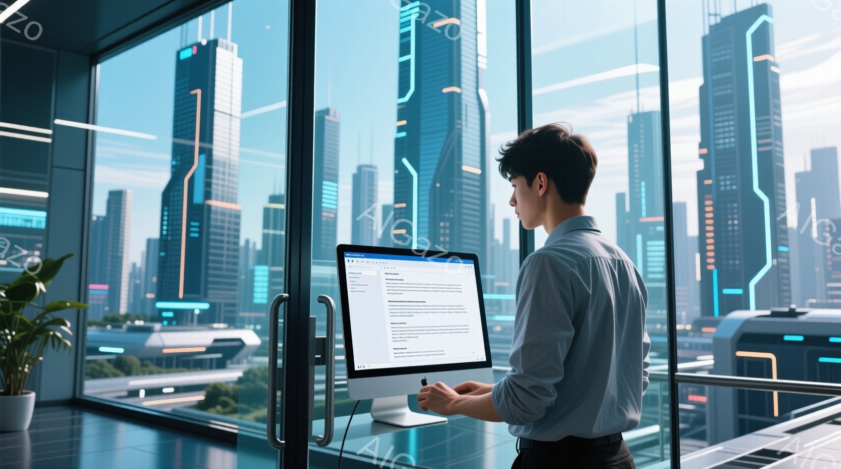 若い男性が窓際のデスクでコンピューターに向かっている。彼はシャツに黒いズボンを着用し、短髪で、集中した表情をしている。背景には、未来的な高層ビル群が広がり、晴れた空と緑の植物が見える、洗練された雰囲気 - AI生成フリー素材