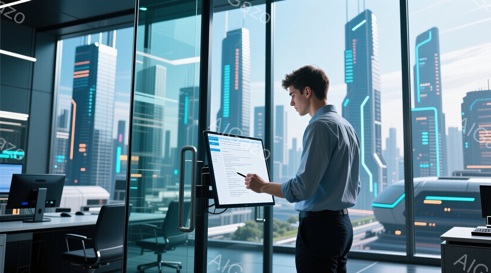 若い男性が窓際のオフィスでタブレット端末を見ながら立っている。彼は薄い青色のシャツと黒いズボンを着用し、短髪で整髪されている。背景には未来的な高層ビル群が広がり、夜景のように光っている。 - AI生成フリー素材