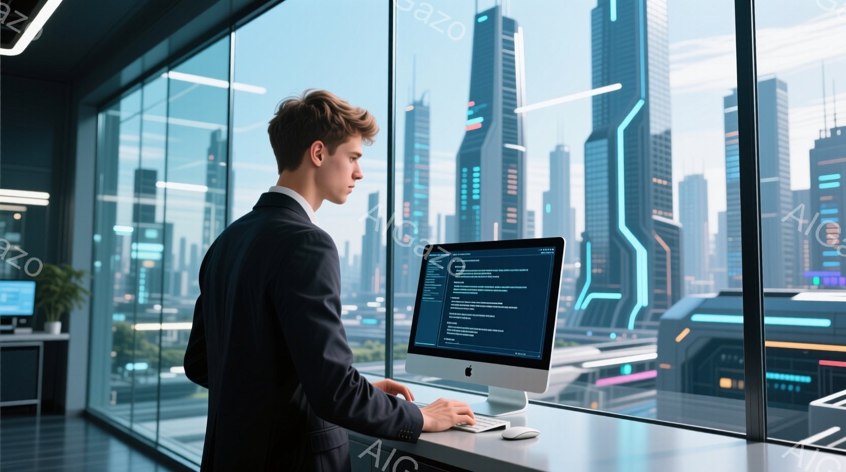 若い男性が窓際のデスクでコンピューターに向かっている。彼はダークスーツを着ており、短く整えられた髪型をしている。背景には未来的な高層ビル群が広がり、光沢のあるガラスと金属が使用されている。 - AI生成フリー素材