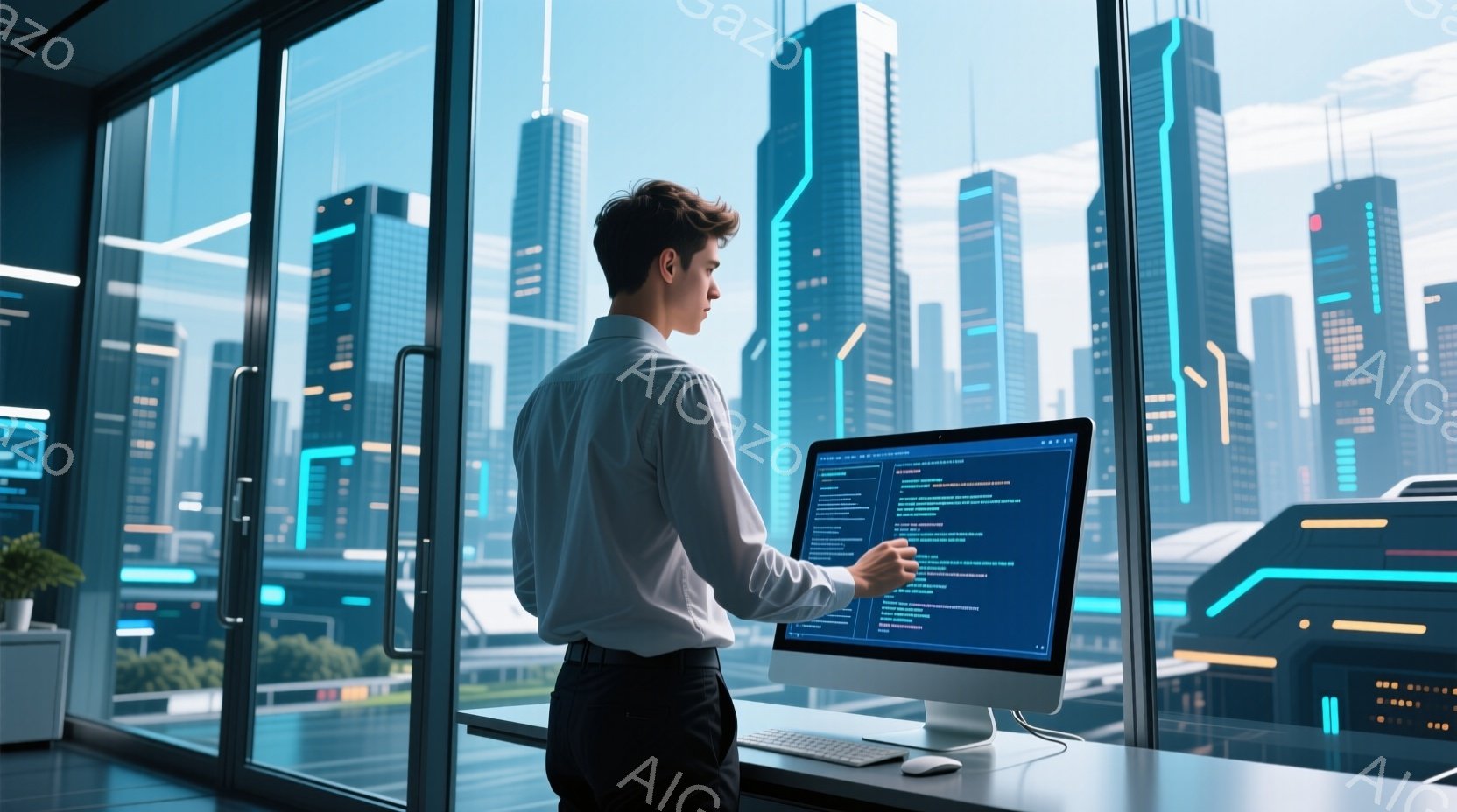若い男性が、高層ビルが立ち並ぶ都市を見下ろすオフィスで、コンピューターの前に立っている。彼は白いシャツと黒いズボンを着用し、髪は短く整えられている。背景には、未来的なデザインの高層ビル群が広がり、夜景のような光が点滅しており、全体的にモダンで革新的な雰囲気が漂っている。