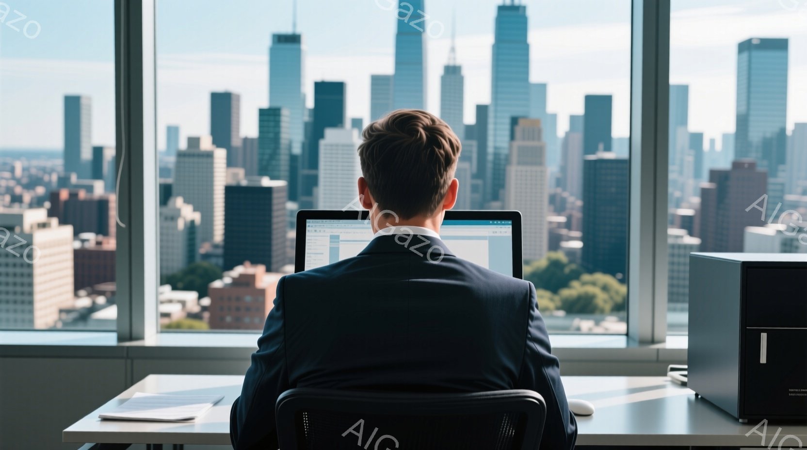 黒いスーツを着た男性が、高層ビルの窓から見える街並みを背景に、ノートパソコンに向かって座っている。彼は背中でこちらに視線を向けず、集中して作業している様子が窺える。背景には高層ビル群が広がり、晴天の下、都会の活気を感じさせる。