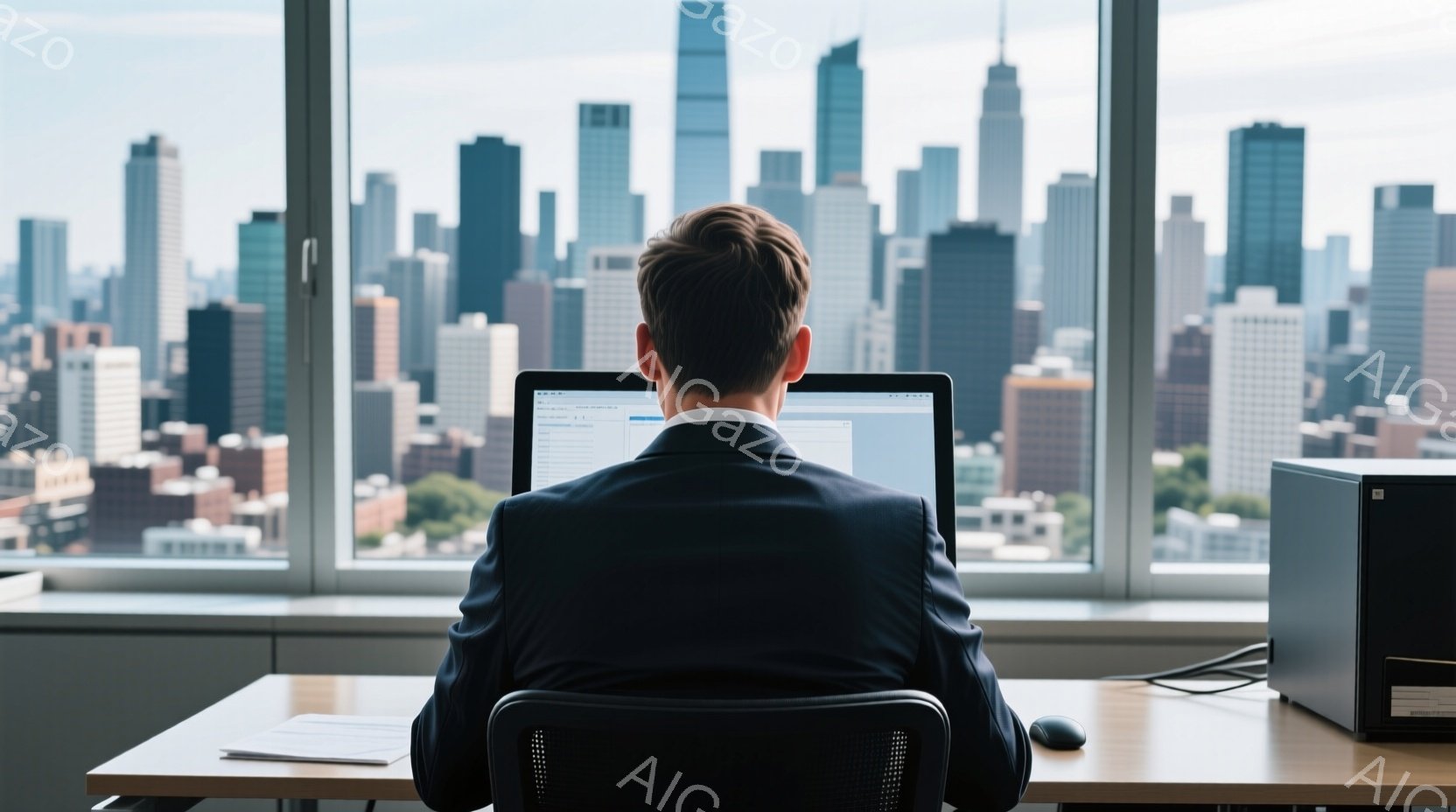 背の高いビルの窓辺に、背広を着た男性がパソコンに向かって座っている。彼の髪は短く、後ろ姿からは表情は読み取れないが、姿勢は仕事に集中している様子を示している。背景には高層ビル群が広がり、晴れた日の都会の景色が広がっている。