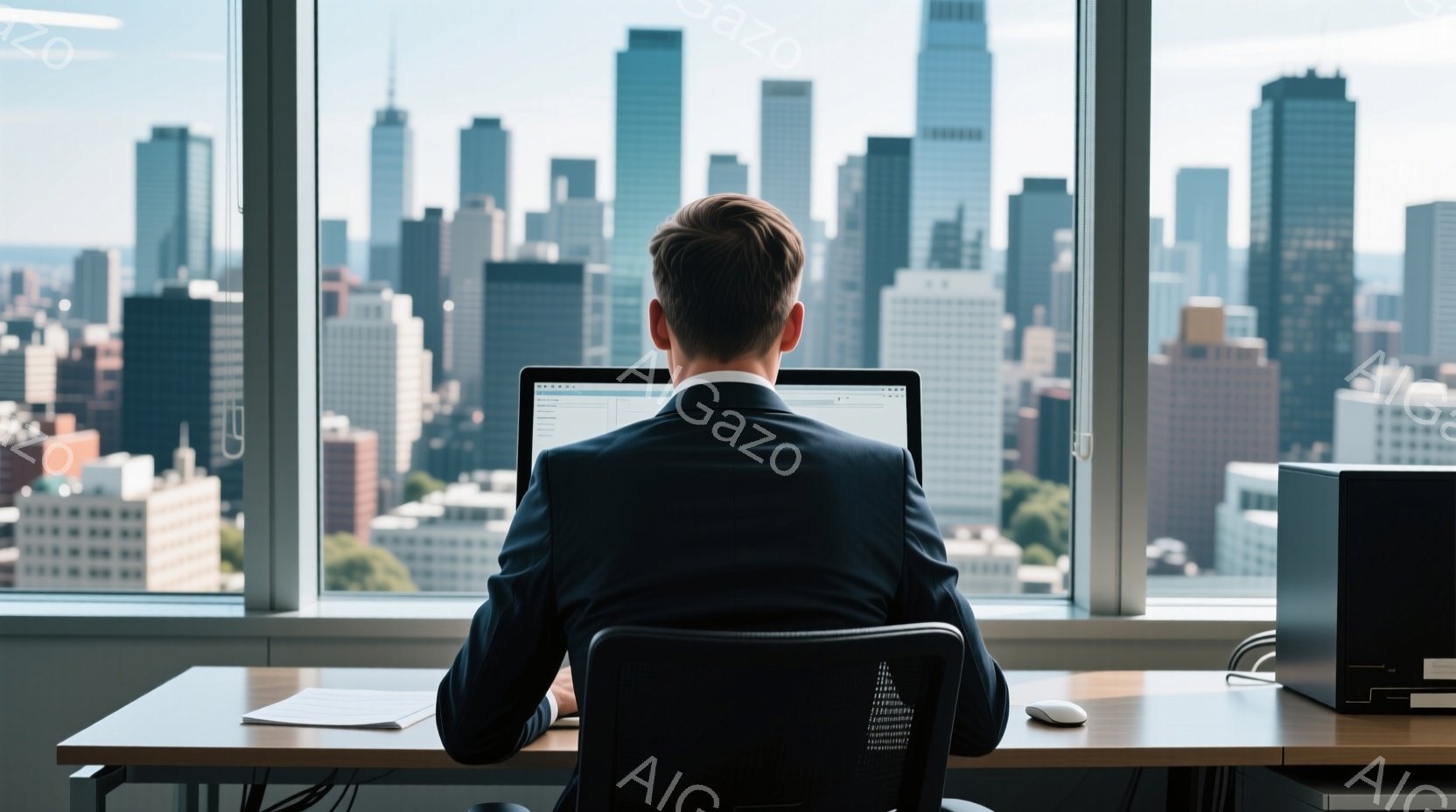 背の高いビルの窓辺に座る男性の後ろ姿が見える。彼はダークスーツと白いシャツを着ており、黒髪は短く整えられている。窓の外には高層ビル群が広がり、晴天の下、都会の風景が広がっている。 - AI生成フリー素材