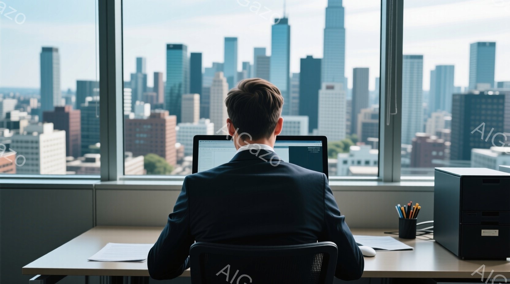 背の高いビルの窓際で、男性が背を向けて座り、パソコンに向かっている。彼は濃い色のスーツを着ており、髪は短く整えられている。背景には高層ビル群が広がり、晴天の下、都会の風景が広がっている。 - AI生成フリー素材