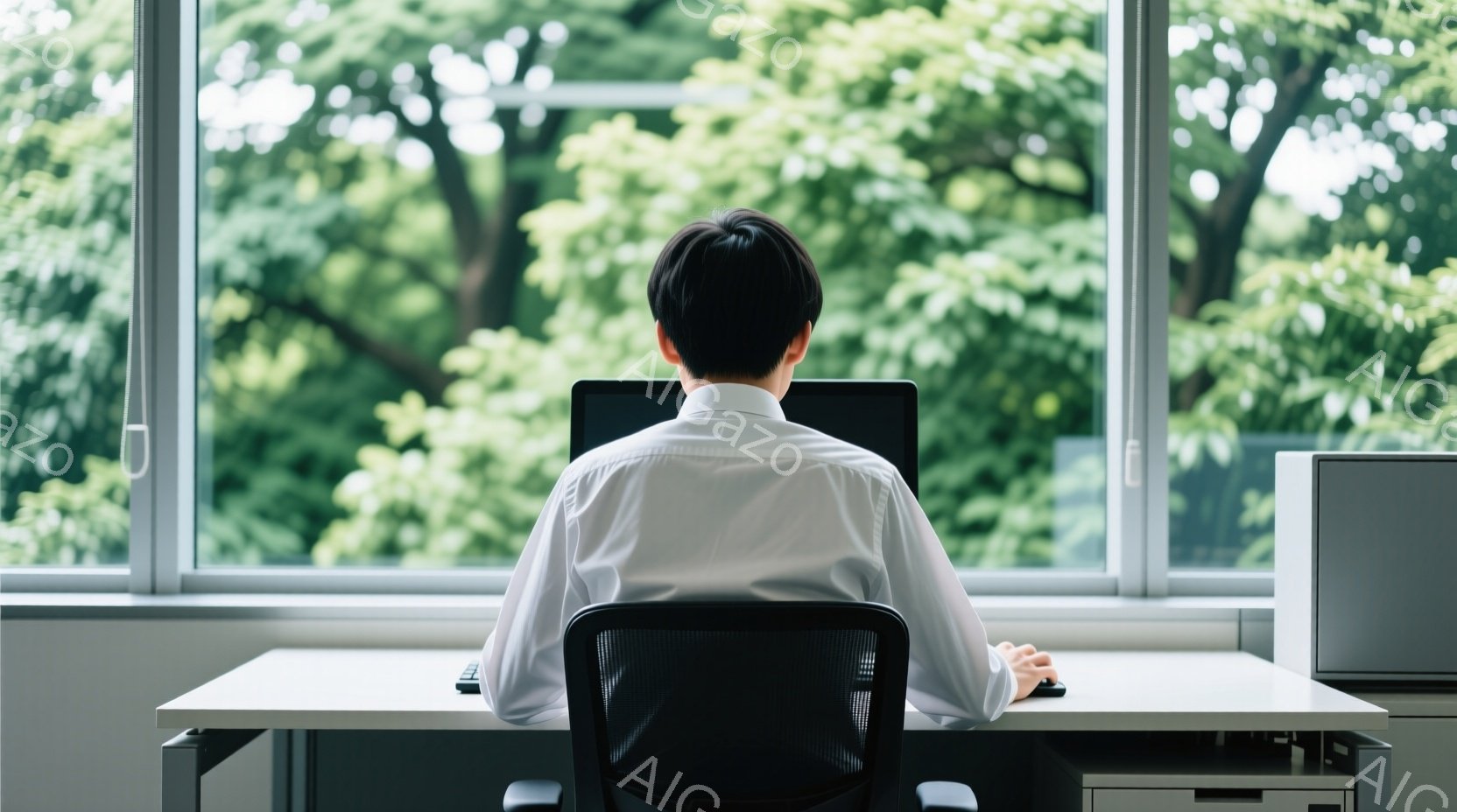 白いシャツを着た男性が、窓を背にしてコンピューターに向かっています。彼はオフィスチェアに座り、キーボードを操作している様子が伺えます。背景には緑豊かな木々が見え、明るい日差しが差し込み、落ち着いた雰囲 - AI生成フリー素材