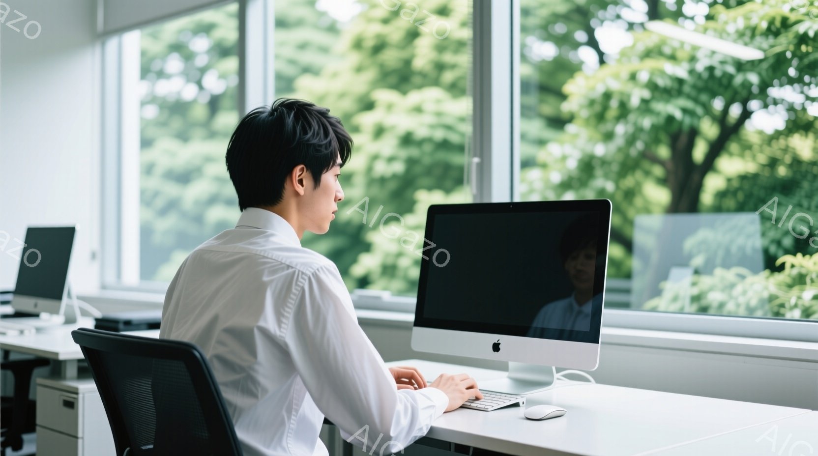 白いシャツを着た男性が、明るい窓際のデスクでコンピューターに向かっています。彼は背中を向けており、髪は短く、姿勢はやや前かがみです。背景には緑豊かな木々が見え、晴れた日のオフィス内であることが分かります。