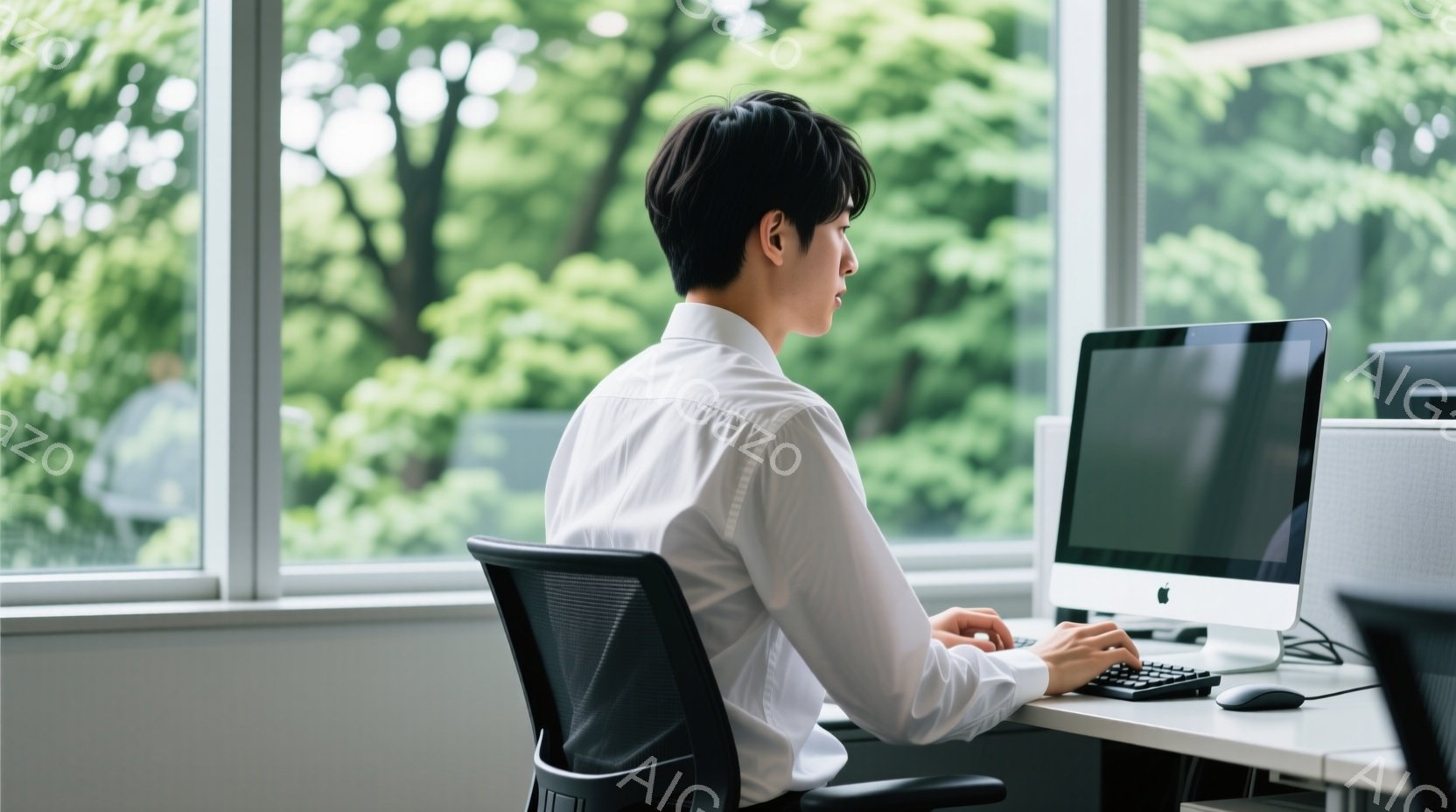 白いシャツを着た男性が、オフィスでコンピュータに向かって作業している。彼は後ろ姿で、黒髪は短く整えられ、姿勢は比較的真っ直ぐだ。窓の外には緑豊かな木々が見え、明るい自然光が差し込み、静かで落ち着いた雰囲気を醸し出している。