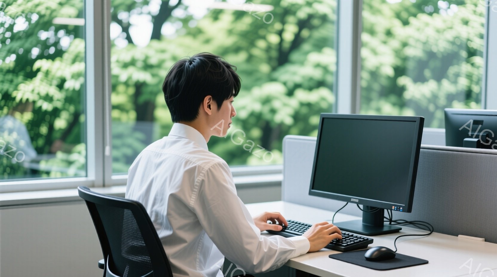 白いシャツを着た男性が、オフィスでコンピューターに向かって作業している様子が写っている。彼は黒髪で、後ろ姿のため表情は分からないが、集中してキーボードを操作している様子が窺える。背景には緑豊かな木々が - AI生成フリー素材