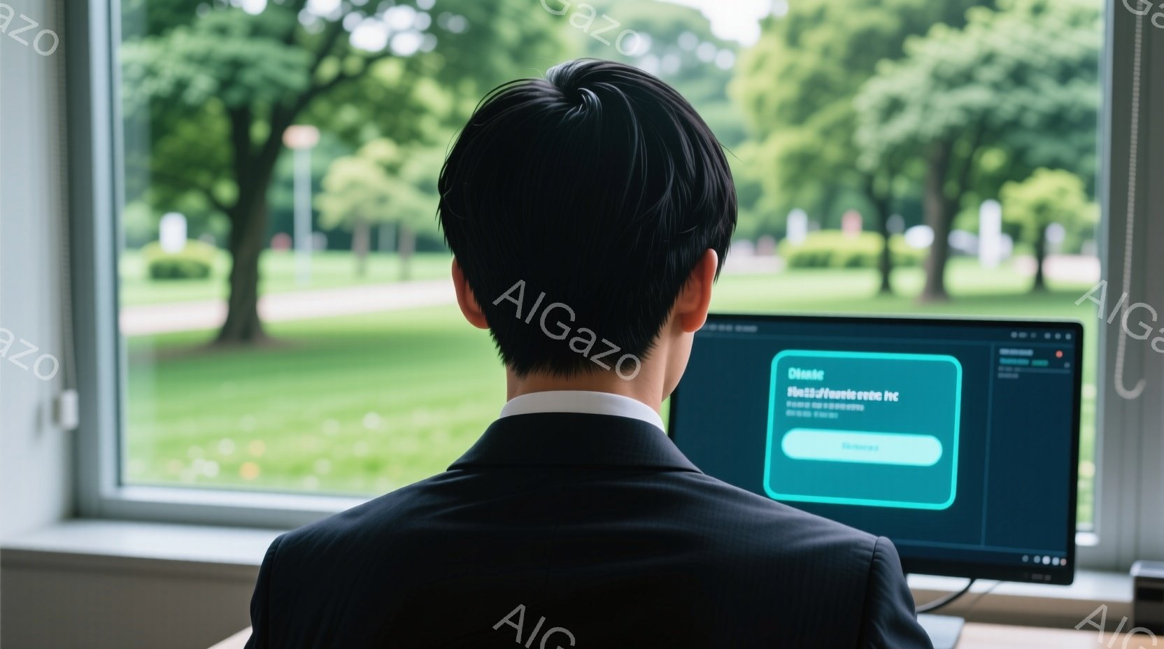 黒いスーツを着た男性がパソコンに向かって座っており、画面には「Observe AI」と書かれたインターフェースが表示されています。彼は後ろ姿で、髪は短く整えられており、窓の外には緑豊かな公園と晴れた空が広がっています。 全体的に、集中して仕事に取り組む姿勢が感じられる、静かで落ち着いた雰囲気の画像です。