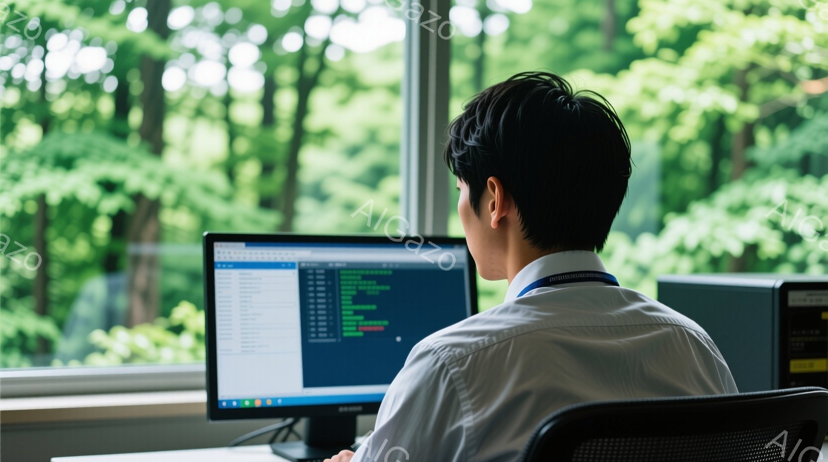 白いシャツを着た男性が、コンピュータの前に座って画面を見つめている。彼の髪型は短髪で、後ろ姿のため表情は確認できないが、姿勢から集中している様子が伺える。背景には緑豊かな木々が見え、オフィスから自然が垣間見える穏やかな雰囲気である。