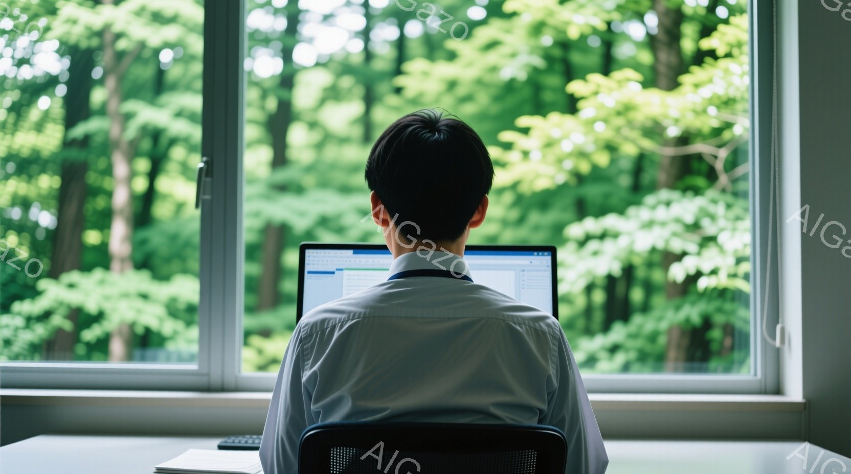 白いシャツを着た男性が、窓を背にしてノートパソコンに向かっています。彼は黒い椅子に座り、少し前かがみの姿勢で作業に集中しているようです。窓の外には緑豊かな森林が広がり、晴れた日の穏やかな雰囲気を醸し出 - AI生成フリー素材