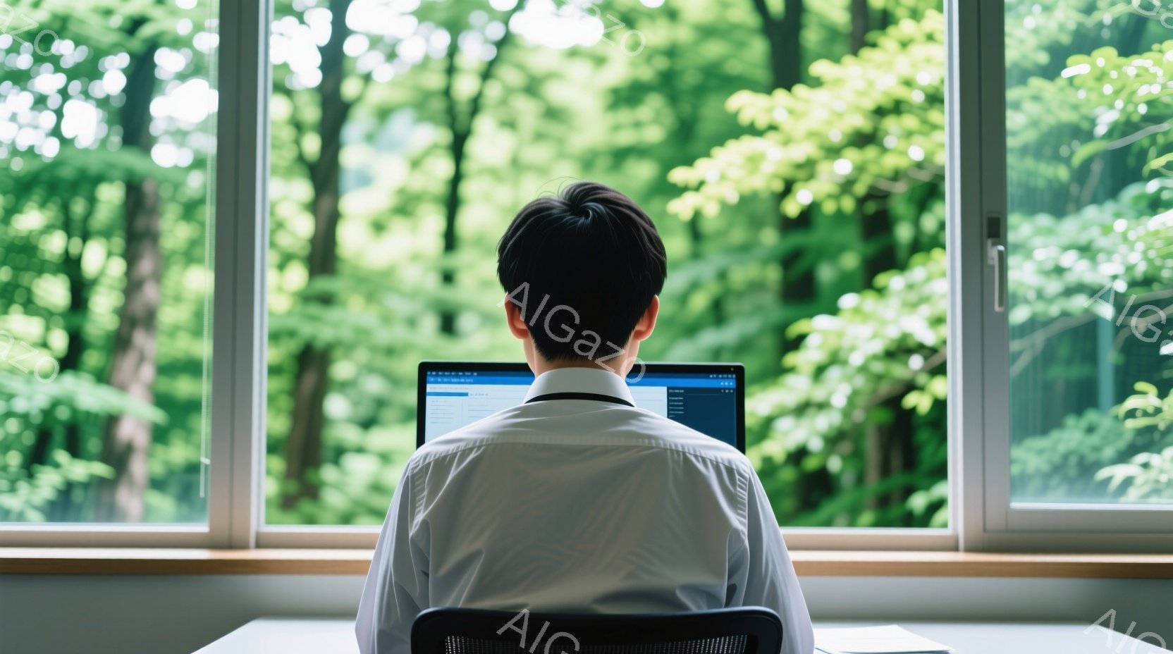 白いシャツを着た人物が、窓を背にしてノートパソコンを見つめています。姿勢はやや前傾姿勢で、集中して作業をしている様子が伺えます。背景は緑豊かな森林で、晴れた日の穏やかな光が差し込み、静かで落ち着いた雰囲気を醸し出しています。