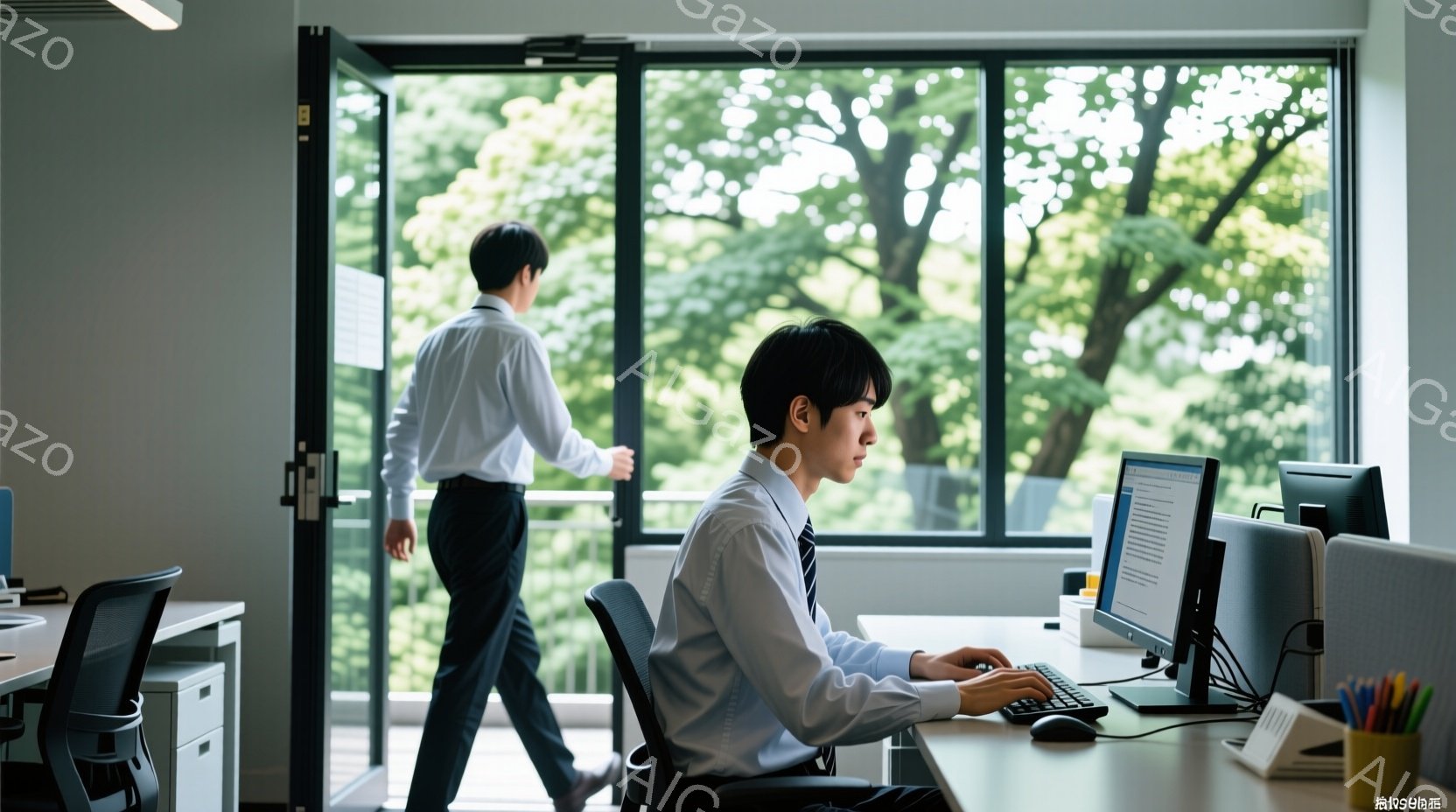 オフィスの一室で、一人の男性がパソコンに向かって仕事をしている様子が写っている。彼は白いシャツにネクタイ、黒い髪で、集中してキーボードを叩いている。背後には、ドアからオフィスを出るもう一人の男性と、緑豊かな木々が見える窓があり、明るく開放的な雰囲気が漂っている。