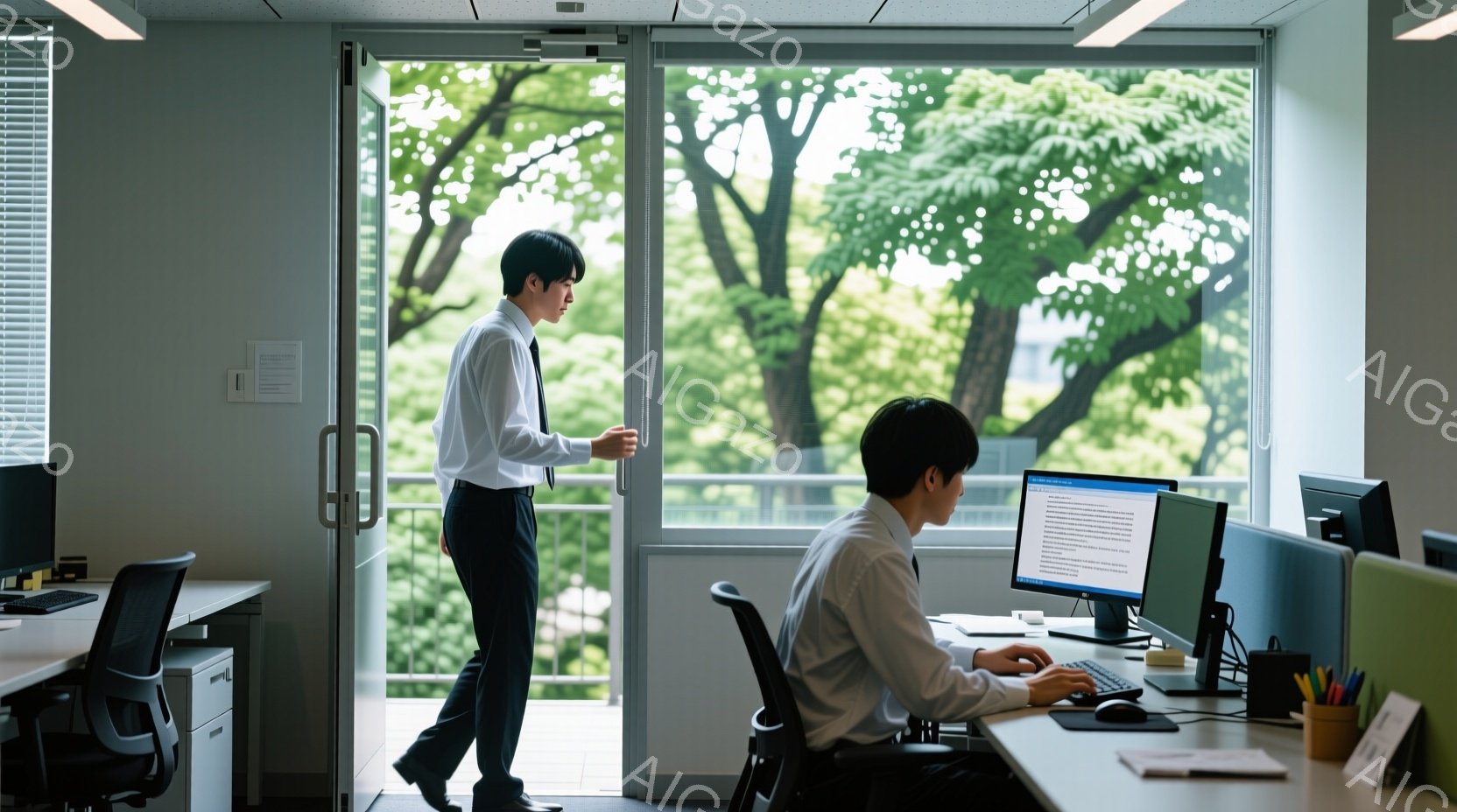 室内には、白シャツに黒いズボンを着用した二人の男性がいます。奥の男性はドアの近くに立ち、少し考え込んでいるような表情をしています。手前にはパソコンに向かって作業している男性がおり、背景には緑豊かな木々が見えるオフィスで、落ち着いた雰囲気です。
