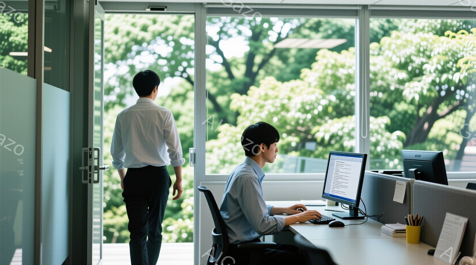 白いシャツを着た男性がオフィスでパソコンに向かって作業している。彼は黒髪で、真剣な表情でキーボードを叩いている。背景には緑豊かな木々が見え、オフィスは明るく開放的な雰囲気である。