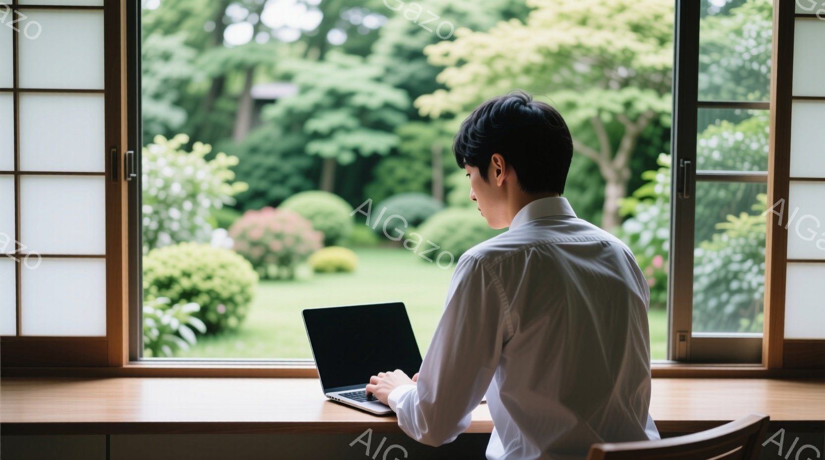白いシャツを着た男性が、窓際の机でノートパソコンに向かって作業をしている。背景には緑豊かな庭園が広がり、明るい日差しが差し込んでいる。全体的に静かで落ち着いた、穏やかな雰囲気が感じられる。 - AI生成フリー素材