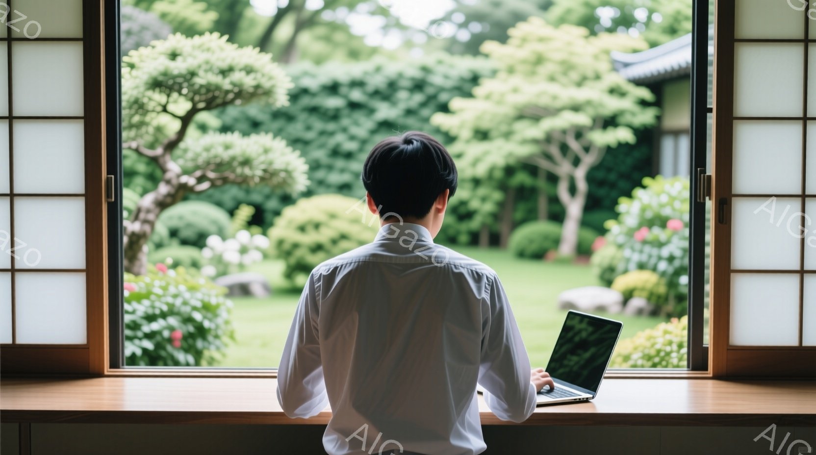 白いシャツを着た男性が、庭を望む窓辺でノートパソコンを使用している。彼は後ろ姿で、黒髪は短く整えられている。背景には緑豊かな日本庭園が広がり、手入れされた木々や石が配置され、穏やかな晴天の日の静寂な雰 - AI生成フリー素材