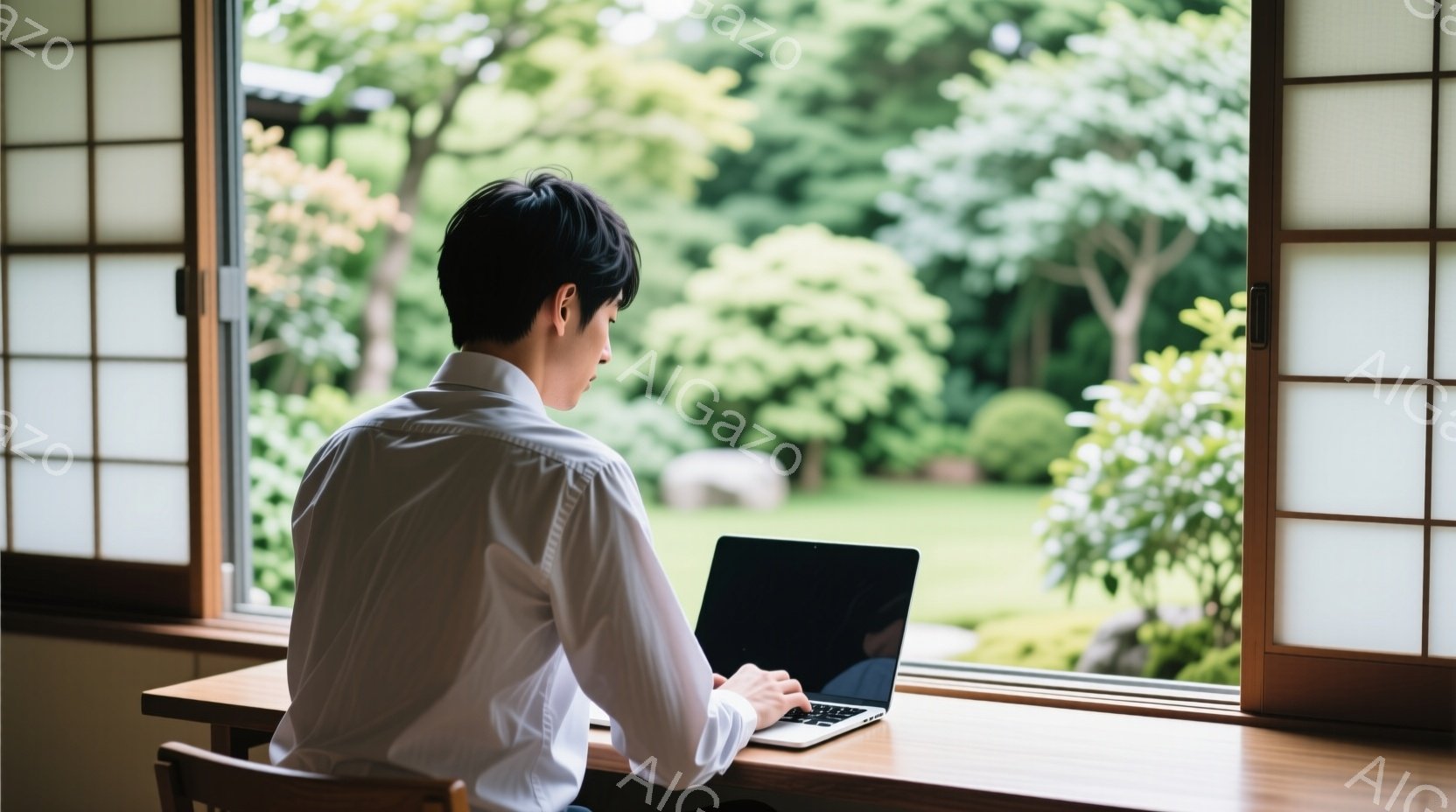 白いシャツを着た男性が、窓際の木製の机でノートパソコンを操作している。彼は後ろ姿で、黒髪を短く整えており、集中してキーボードを見ている様子が窺える。背景には緑豊かな庭園が広がり、和風の建物の一部と、明 - AI生成フリー素材