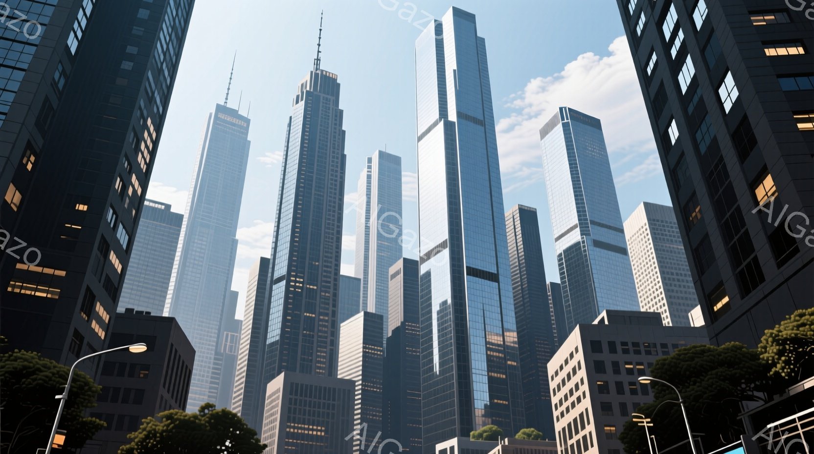 高層ビル群が青空を背景にそびえ立っており、近代的な都市景観が広がっています。建物はガラス張りの外観で、太陽光を反射して輝いており、その中に緑豊かな木々が点在しています。空には白い雲が浮かび、全体的に晴れやかで活気のある雰囲気が漂っています。