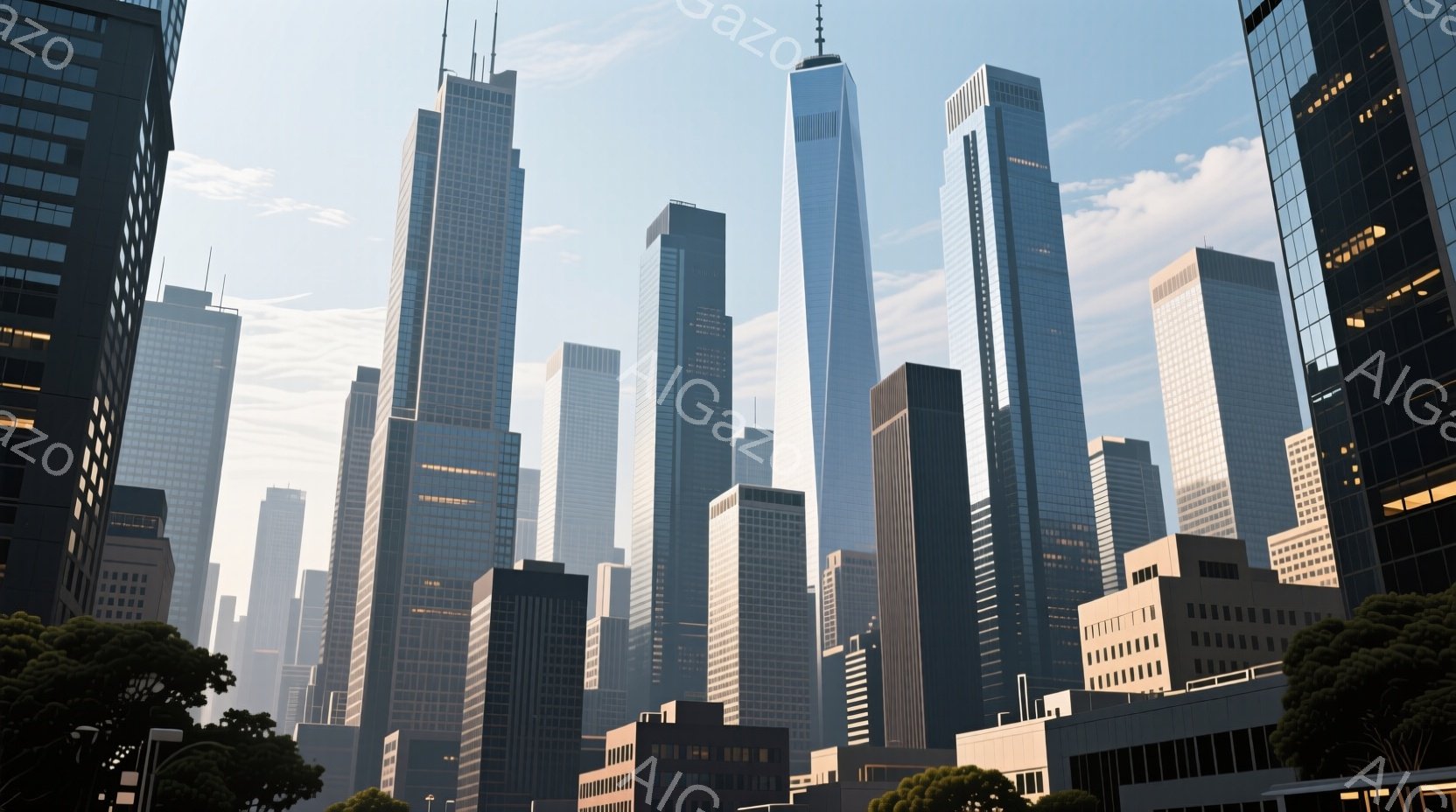 都市スキラスのような街並みを見下ろす角度から撮影されたもので、人物は一切表れず、空に至る幾階建ての高層ビルが目立つ。日当たりがあり、気分は明るく、市街地の住民として感じさせられる空間です。 - AI生成フリー素材