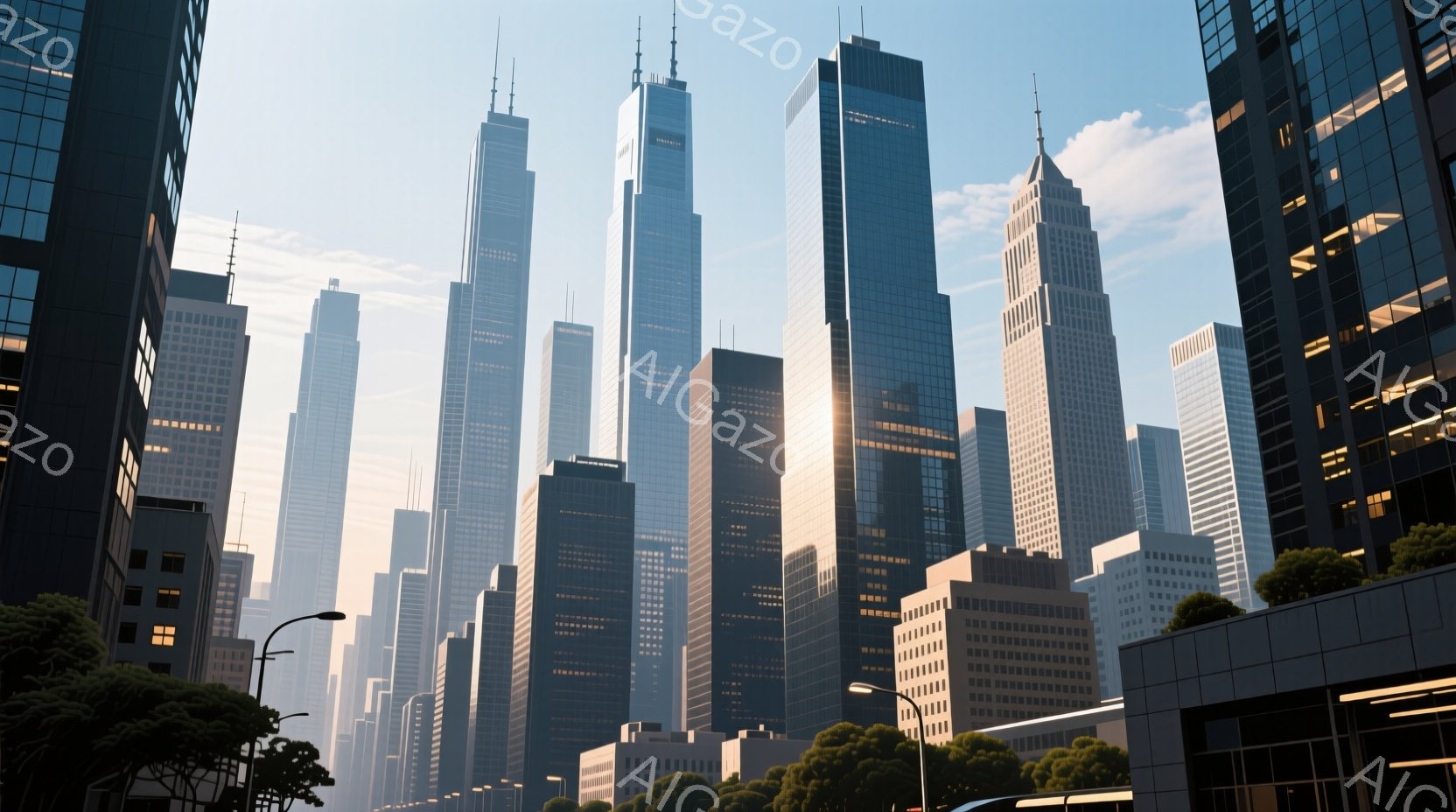 高層ビル群がそびえ立ち、都市の景観を形成している。建物はガラス張りの近代的なデザインで、太陽光を反射して輝いている。緑豊かな木々がビルの足元に点在し、都市の風景に自然の要素を加えている。