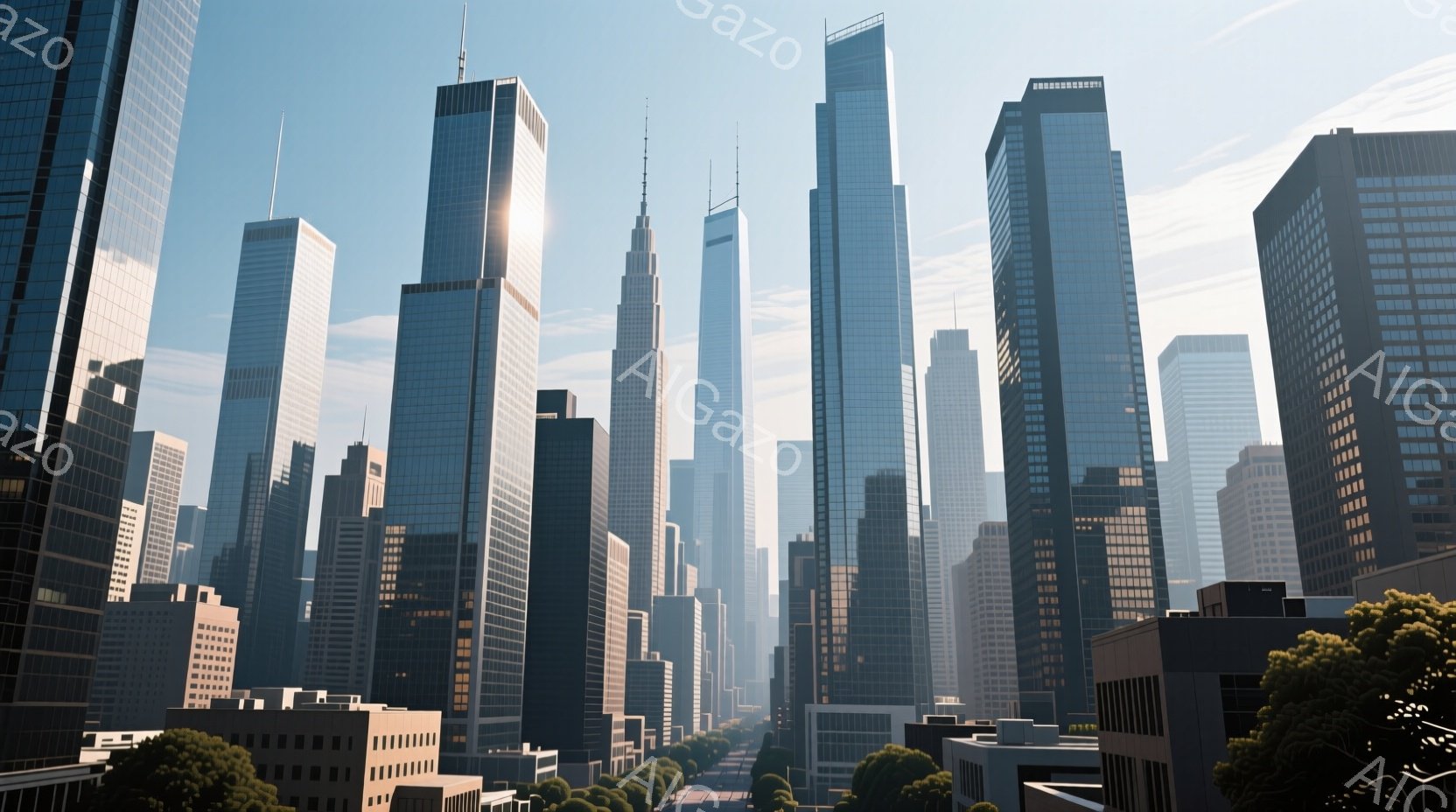 高層ビル群がそびえ立つ大都市の風景を描いています。建物はガラス張りの近代的なデザインで、太陽光を反射して輝き、遠くには緑豊かな木々が見えます。空は晴れ渡り、都市の活気と自然の静寂が共存する、洗練された雰囲気です。