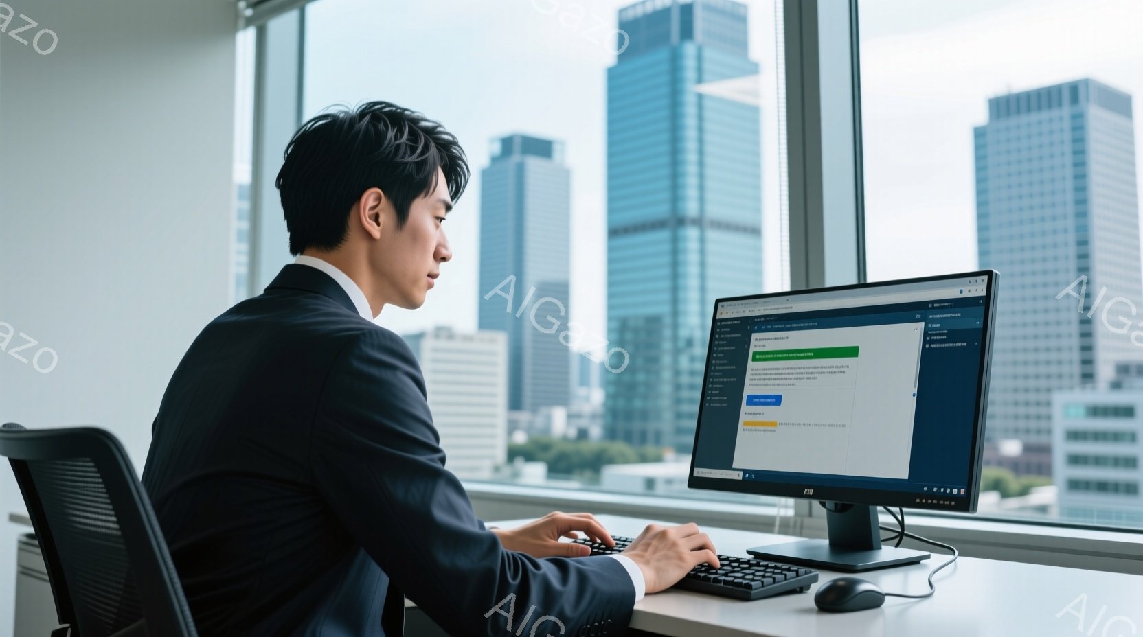 スーツを着た男性が、窓のあるオフィスでパソコンに向かっています。彼は少し後ろ姿で、キーボードを操作しており、集中した様子が伺えます。背景には高層ビル群が広がり、晴天の下、近代的な都市の風景が広がっています。