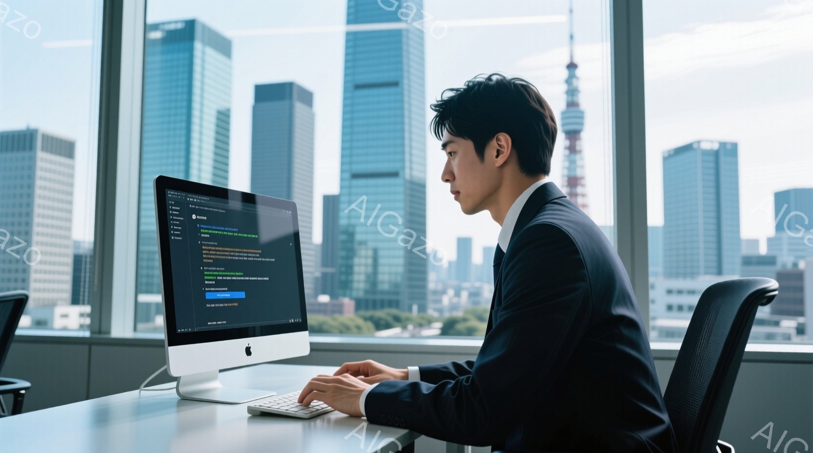 スーツ姿の男性が、窓際に置かれた iMac の前でキーボードを操作している。彼は黒髪で、少し前かがみの姿勢で画面を見つめている様子から、仕事に集中していることが窺える。背景には高層ビル群が広がり、晴れ - AI生成フリー素材