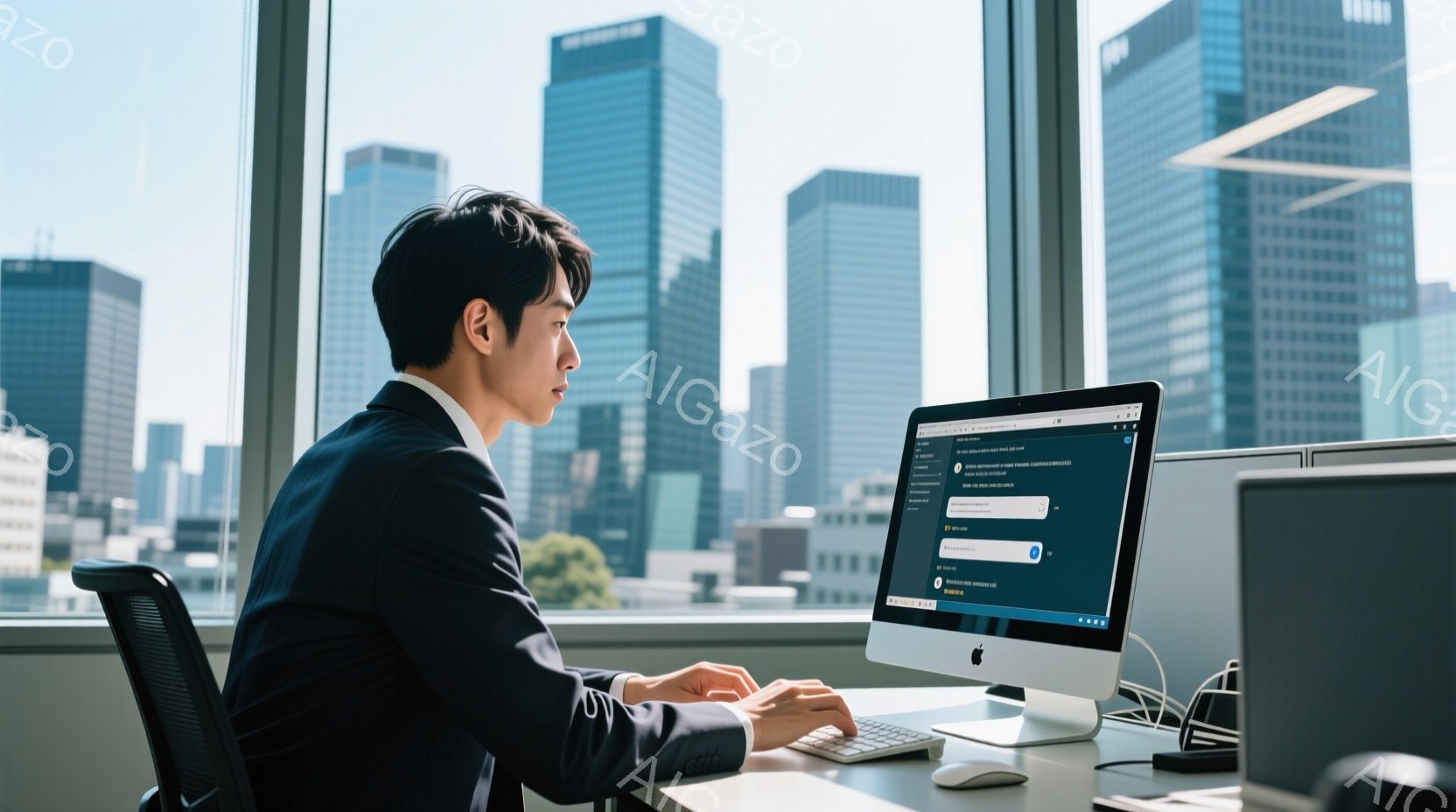 スーツを着た男性が、大きな窓のあるオフィスでiMacを操作している。彼は黒髪で、横に流したヘアスタイルをしており、集中した表情でキーボードを見つめている。背景には高層ビル群が広がり、晴天の空が広がっているため、モダンで洗練された雰囲気である。