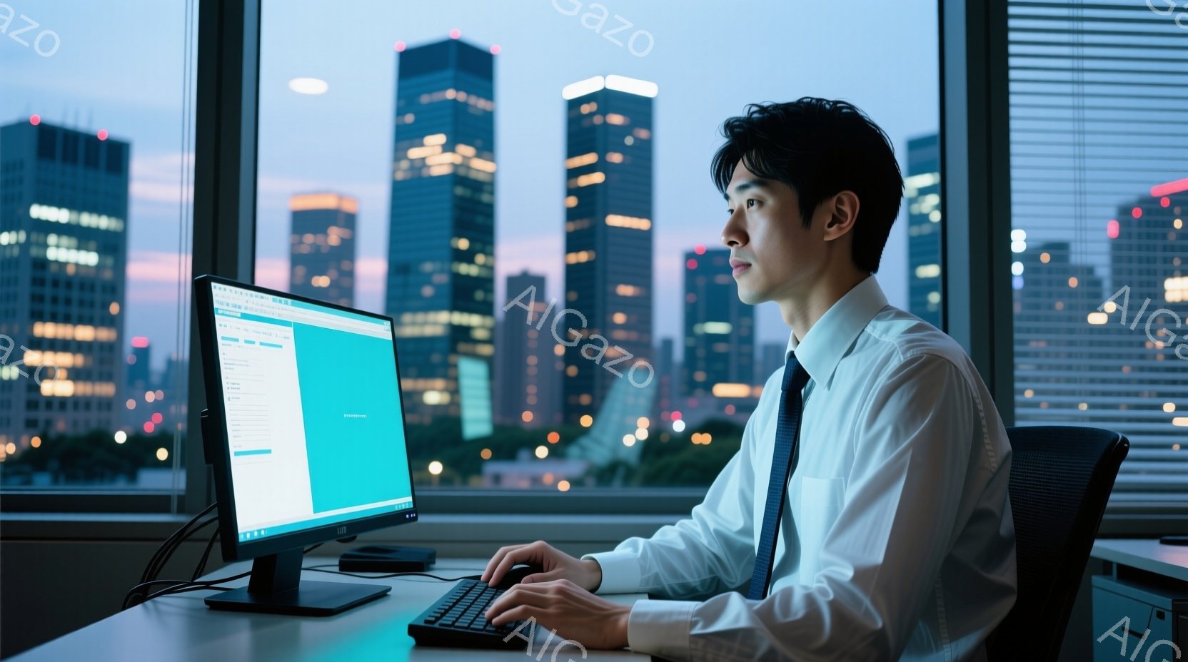 一人の男性が窓際のデスクでパソコンに向かっています。彼は白いシャツにネクタイ、黒い髪を短く整え、集中した表情でキーボードを操作しています。背景には夕暮れ時の高層ビル群が広がり、都会的で静かな雰囲気を醸 - AI生成フリー素材