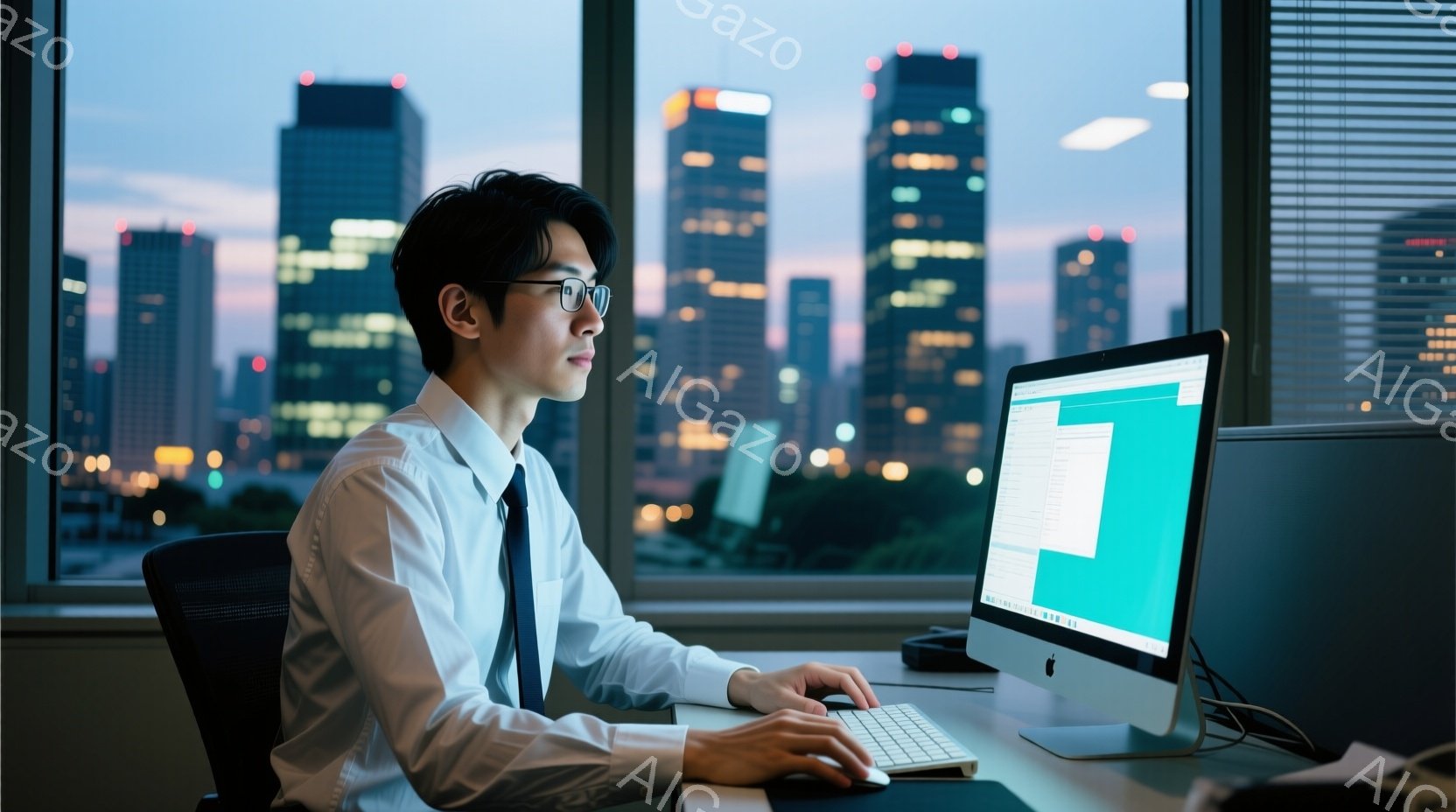 若い男性が iMac の前に座り、キーボードとマウスを操作している。彼は白いシャツにネクタイ姿で、黒い髪を短く整え、集中した表情で画面を見つめている。窓の外には夜景が広がり、高層ビル群がライトアップされ、都会の夜の雰囲気を醸し出している。