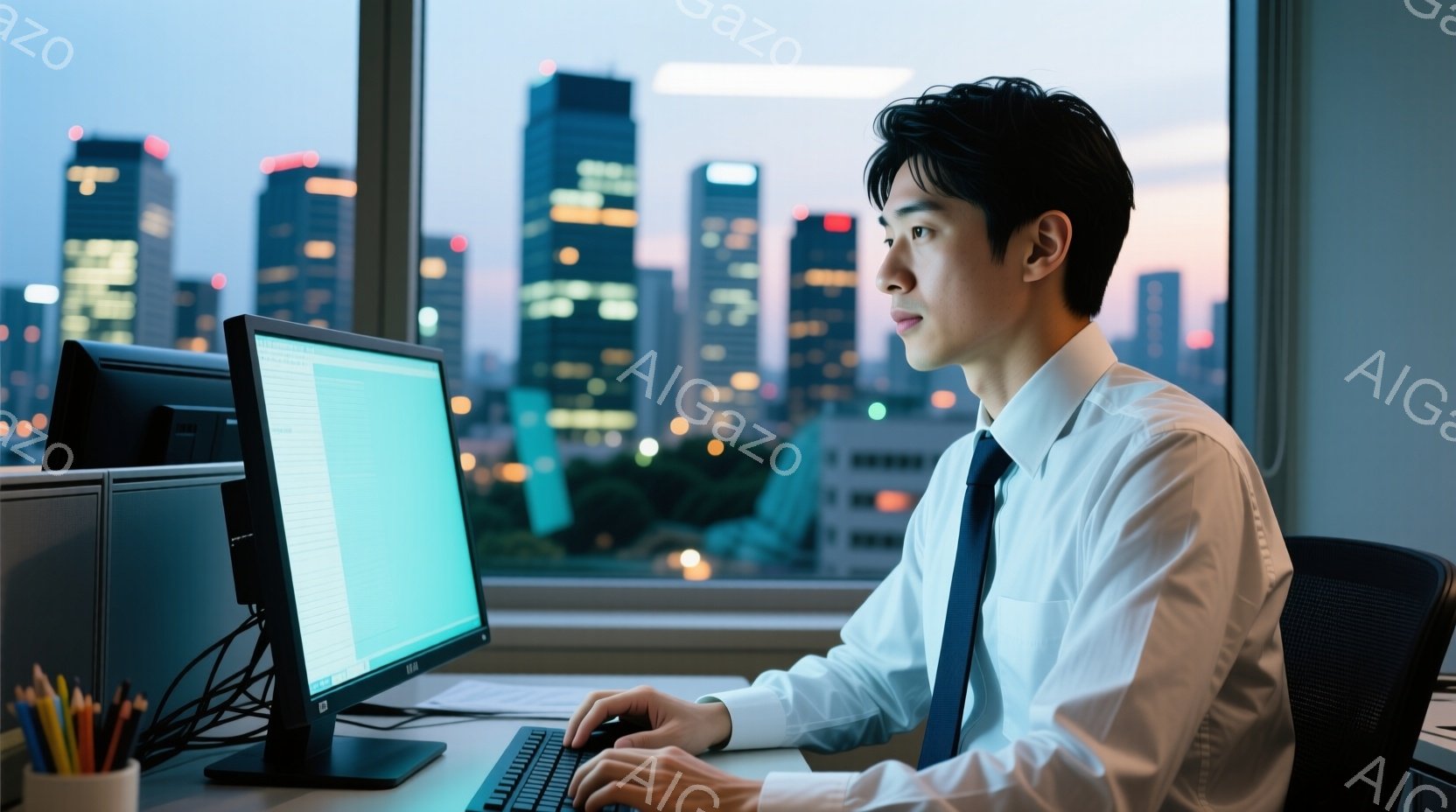 スーツ姿の男性が、窓際のデスクでコンピューターに向かって作業している様子が写っている。彼は青いネクタイを締め、短髪で、集中した表情でキーボードを操作している。背景には、夜景の都市が広がり、高層ビル群が - AI生成フリー素材