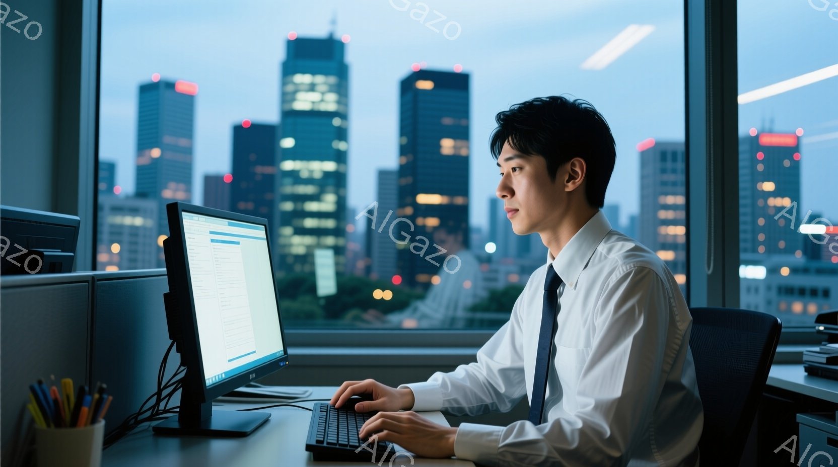 スーツを着た若い男性がオフィスでパソコンに向かって仕事をしている。彼は黒髪で、やや前かがみの姿勢でキーボードを操作しており、集中した表情をしている。背景には高層ビル群が広がり、夜景が広がっているため、仕事が終わった後の静かな雰囲気を感じさせる。