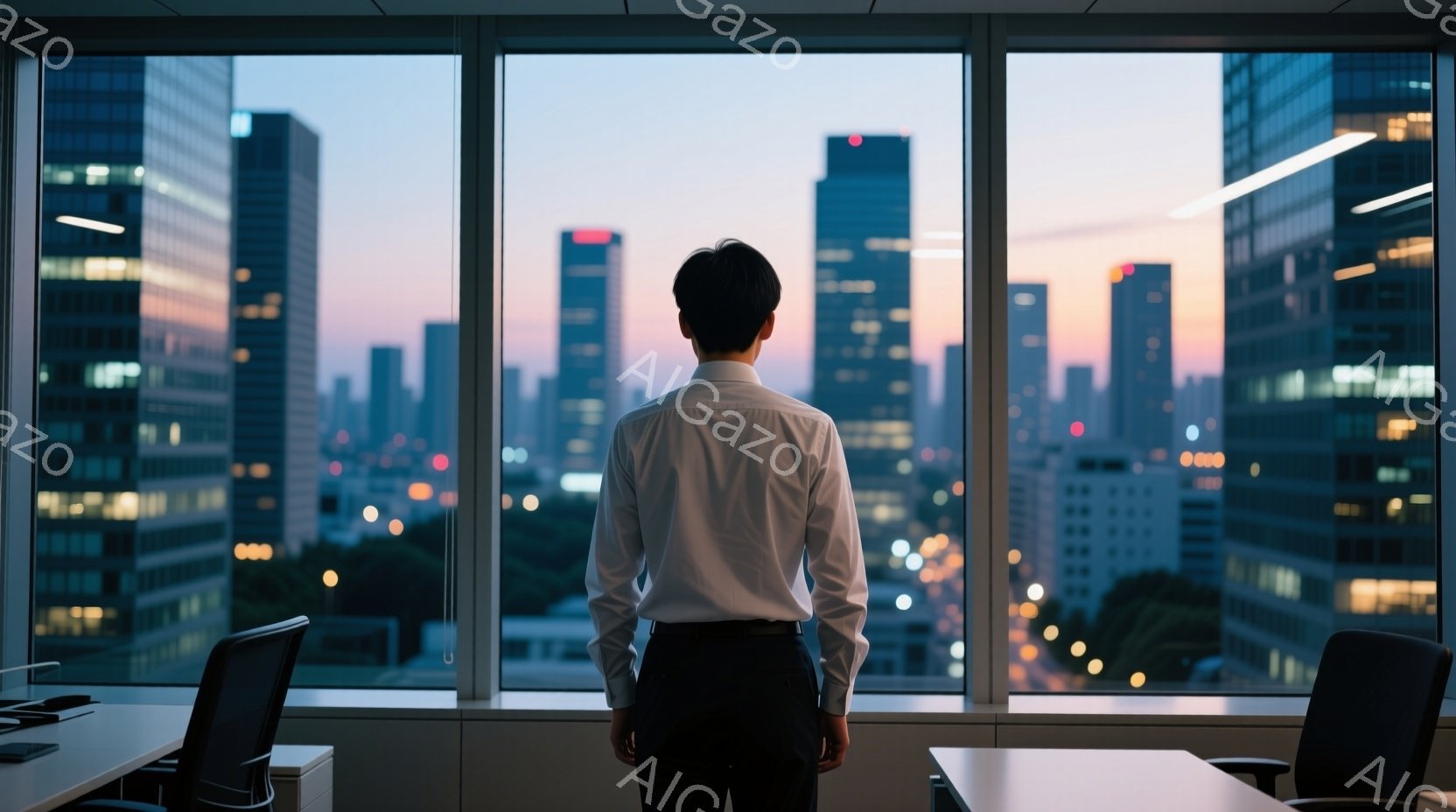 白いシャツに黒いズボンを着用した男性が、高層ビルの窓から都市の夜景を見下ろしている。彼は背中を向けており、表情は読み取れないが、姿勢はやや緊張しているように見える。背景には、夕焼け空を背景にした高層ビル群が広がり、現代的で洗練された雰囲気を醸し出している。