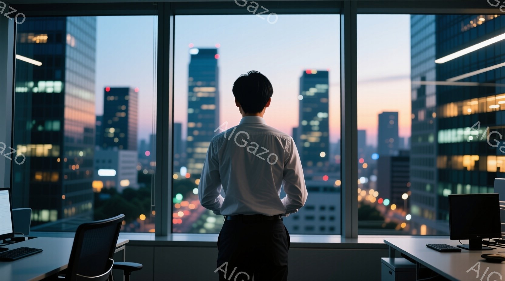 白いシャツと黒いズボンを着用した男性が、高層ビルの窓辺に背を向けて立っている。窓の外には夜景が広がり、高層ビル群が夕焼け空を背景にシルエットとして浮かび上がっている。室内はオフィスであり、デスクと椅子 - AI生成フリー素材