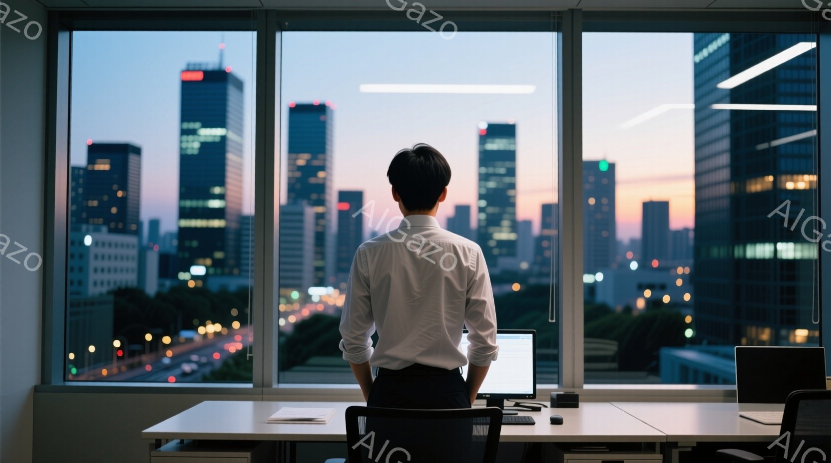 背の高いビルの窓辺に立つ男性の後ろ姿が描かれている。彼は白いシャツに黒いズボンを着用し、短髪で整髪されている。窓の外には夕焼けに照らされた都市のスカイラインが広がり、活気と静寂が入り混じった雰囲気を醸し出している。