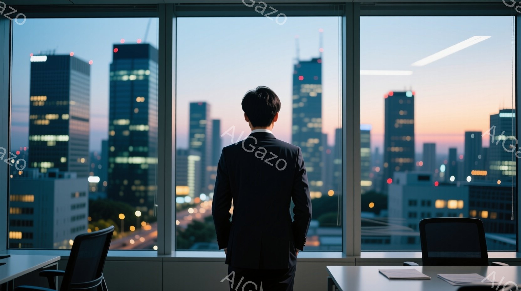背広を着た男性が、高層ビルの窓から都会の夜景を見下ろしている。彼は後ろ姿で、黒髪で整髪されており、姿勢はやや前傾している。背景には、夕焼け空の下に広がる高層ビル群が広がり、オフィス内の机には書類が置かれている、静かで思索的な雰囲気が漂う。