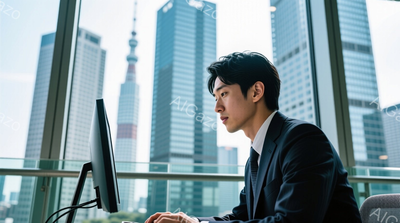 スーツを着た若い男性が、高層ビルが見える窓際のデスクでパソコンに向かっています。彼は黒髪で、やや前かがみの姿勢で集中してキーボードを操作しており、表情は真剣です。背景には、東京の近代的な高層ビル群が広 - AI生成フリー素材