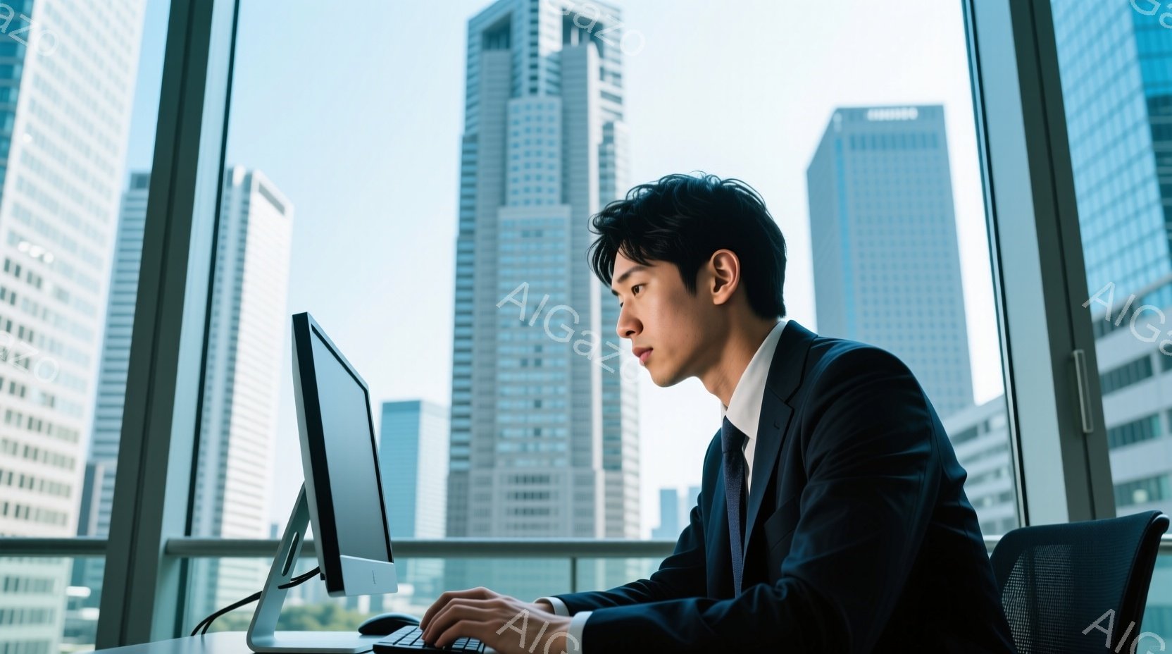 スーツ姿の男性がオフィスでパソコンに向かっている。彼は黒髪で、集中した表情でキーボードを操作しており、姿勢は真剣だ。背景には高層ビル群が広がり、晴天の下、都会のビジネスシーンを象徴している。