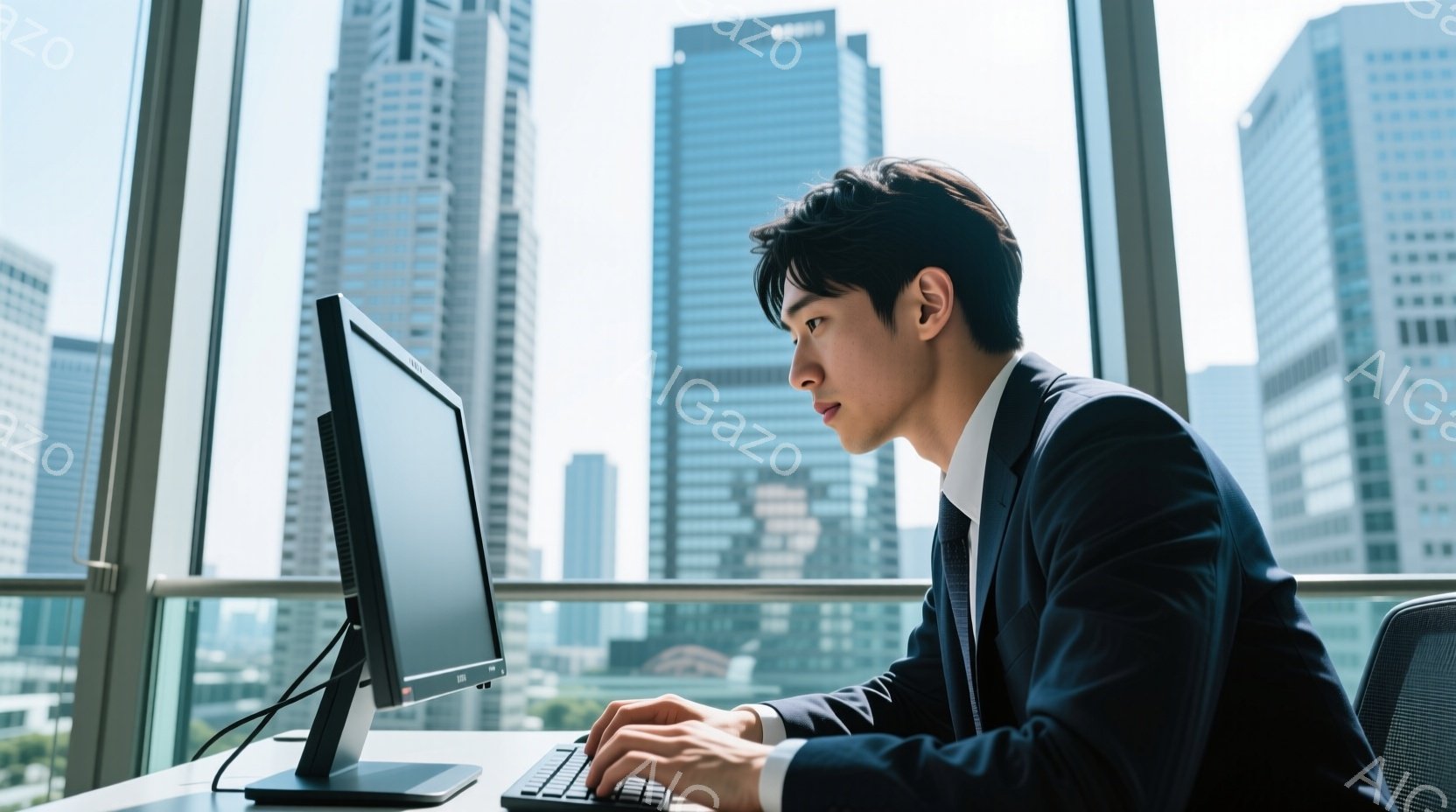 スーツを着た男性が、窓際に置かれたデスクでパソコンに向かっている。彼は真剣な表情でキーボードを叩いており、姿勢はやや前かがみになっている。背景には高層ビル群が広がり、晴れた日の都会の風景が広がっている - AI生成フリー素材