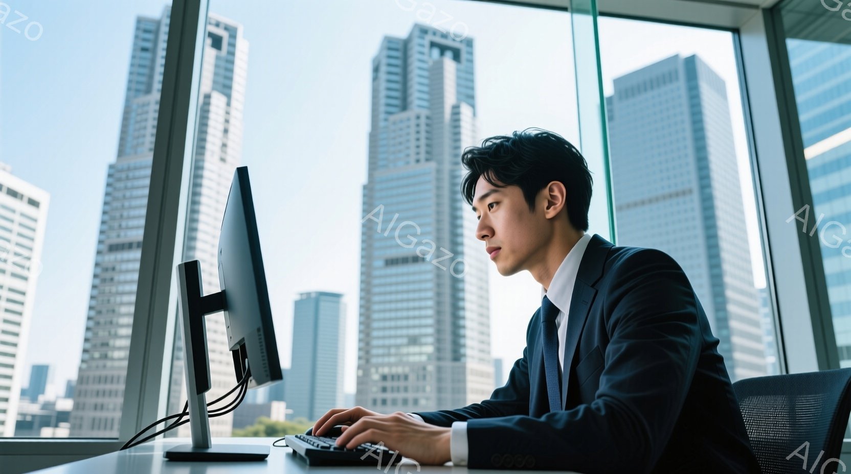 スーツとネクタイを着用した男性が、オフィスでパソコンに向かって作業している様子が写っている。彼は少し前かがみの姿勢で、集中した表情でキーボードを操作しており、背景には高層ビル群が広がっている。晴れた日 - AI生成フリー素材