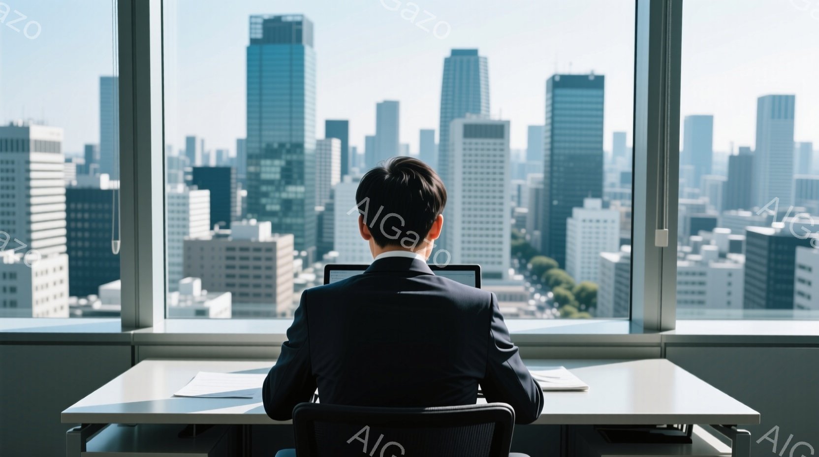 背広を着た男性が、大きな窓から見下ろす都市の景色を背にして座っています。彼は黒髪で、後ろ姿からは表情は読み取れませんが、姿勢は仕事に集中していることを示唆しています。背景には高層ビル群が広がり、晴天の - AI生成フリー素材