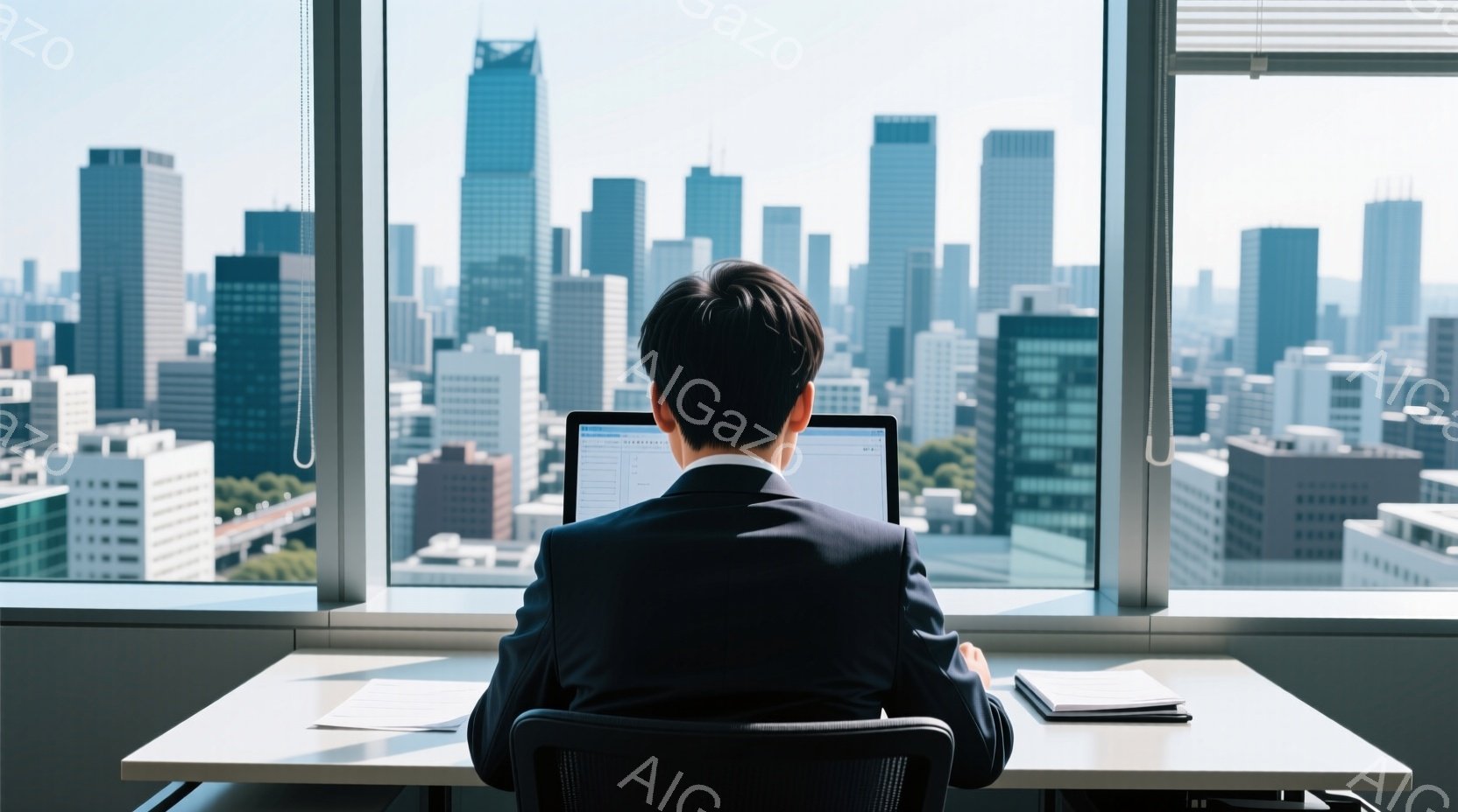 背の高いビル群を見下ろすオフィスで、男性が椅子に座り、ラップトップパソコンを見つめている。彼は濃い色のスーツを着用し、短く整った髪型をしている。窓の外には、晴れた空の下、高層ビルが密集しており、都会的な雰囲気を醸し出している。
