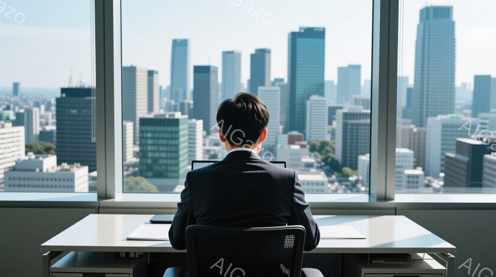 ビジネスマンが背中で高層ビルが見えるオフィスに座っている。彼は黒いスーツを着ており、後ろ髪は短く整えられている。窓の外には、晴れた日にそびえ立つ近代的な高層ビル群が広がり、都市の活気を感じさせる。
