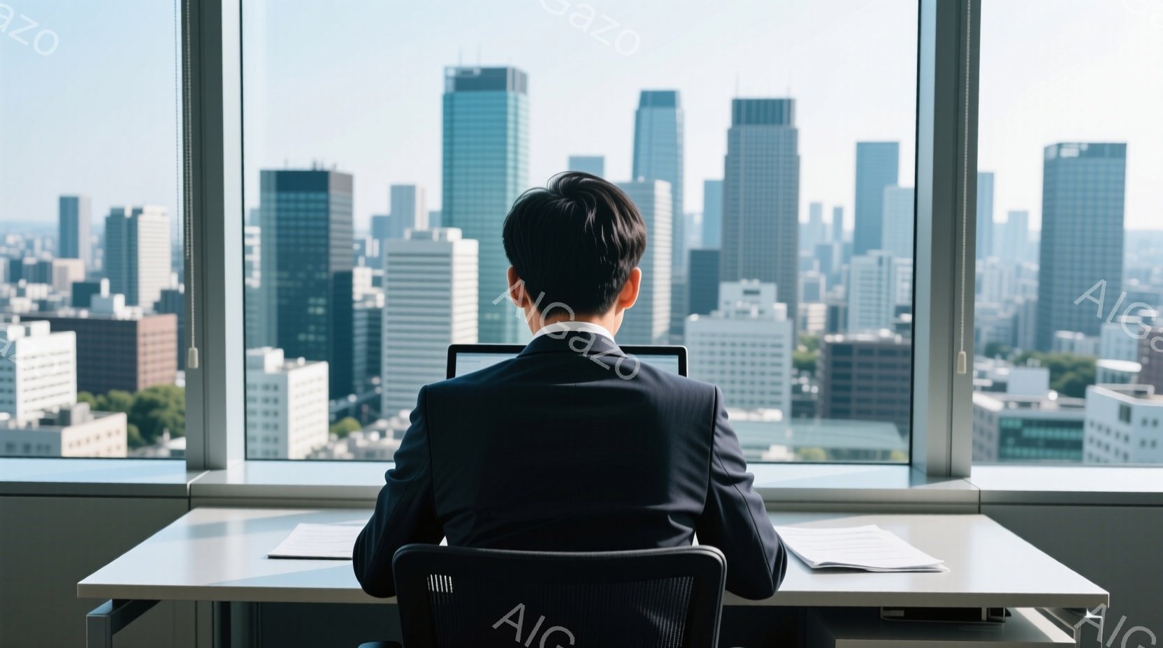 黒いスーツを着た男性が、高層ビルの窓際に座り、ノートパソコンを見つめている。彼の姿勢は背筋が伸びており、集中している様子が伺える。背景には高層ビル群が広がり、晴天の下、都会の壮大な景色が広がっている。 - AI生成フリー素材