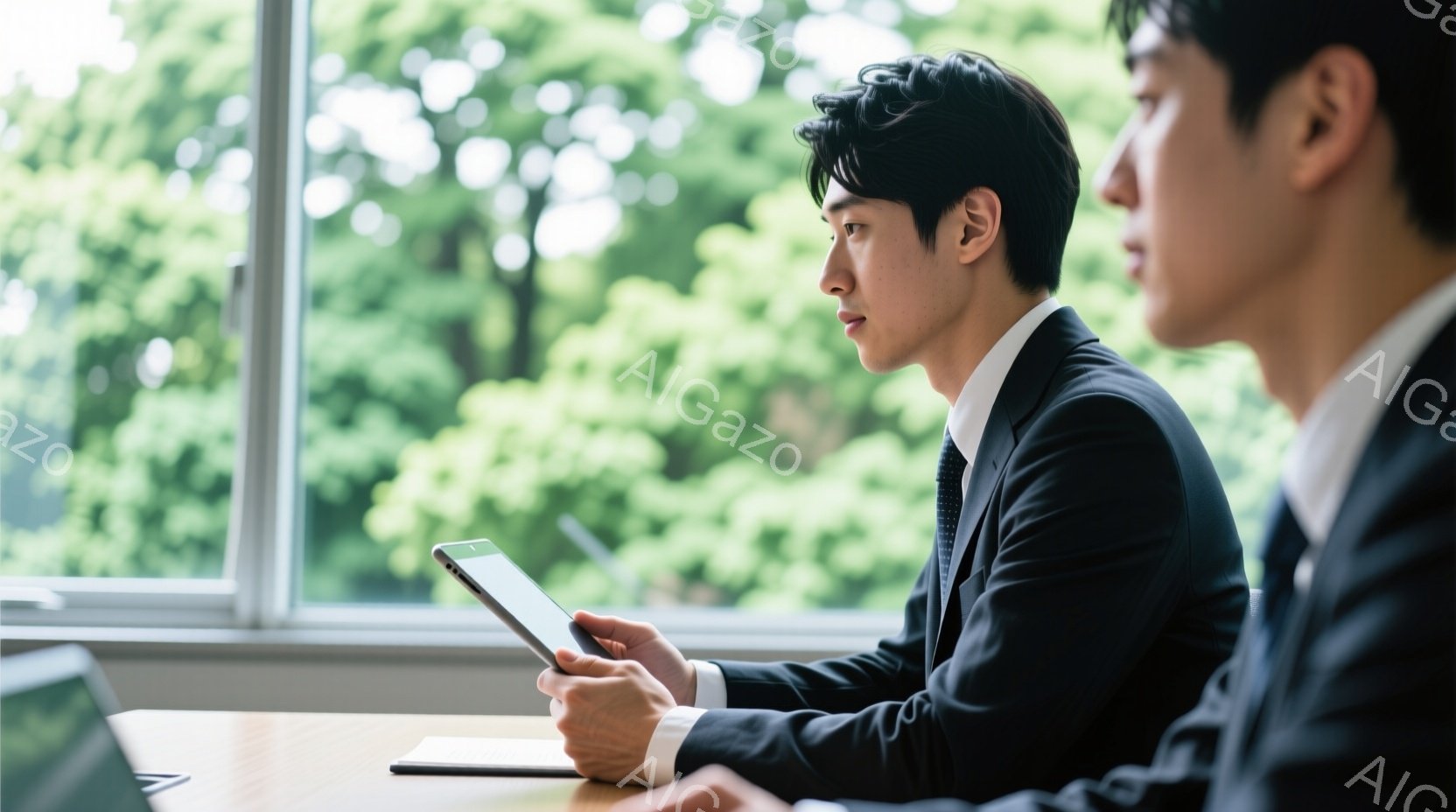スーツ姿の男性が、窓際の机でタブレット端末を見つめている。彼の髪型は短く整えられ、表情は真剣で集中しているように見える。背景には緑豊かな木々が見え、明るい光が差し込み、室内は穏やかな雰囲気である。 - AI生成フリー素材