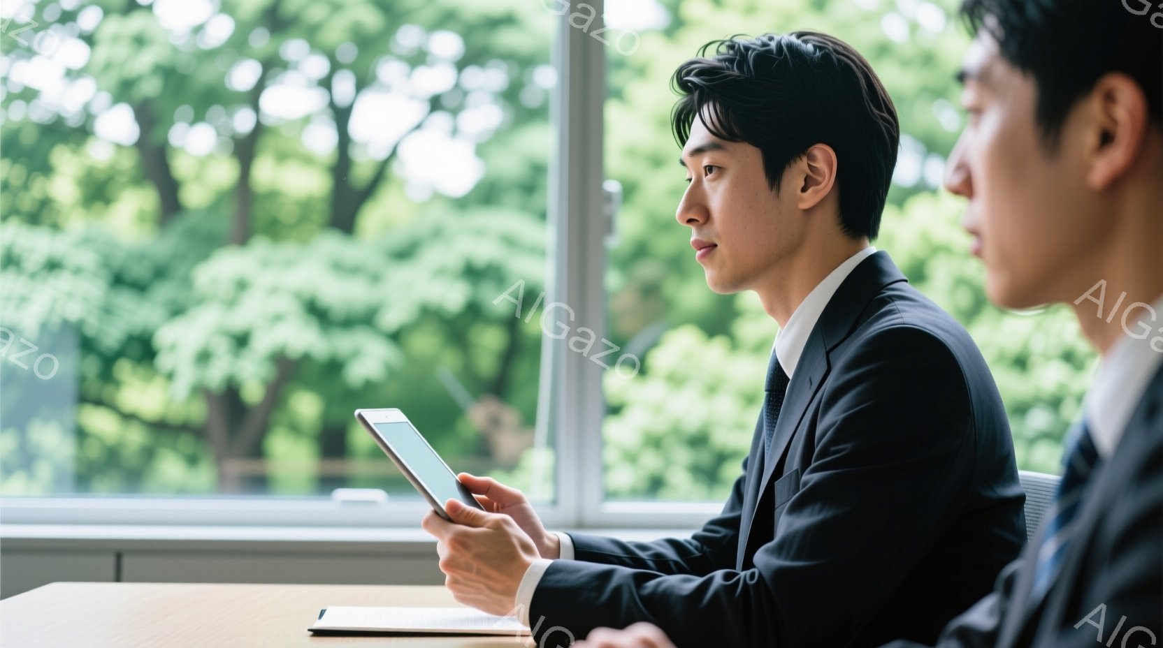 スーツを着た男性が、窓際の机でタブレット端末を見つめている。彼は黒髪で、やや横を向いており、真剣な表情で画面を見つめている。背景には緑豊かな木々が見え、明るい光が差し込み、全体的に落ち着いた雰囲気であ - AI生成フリー素材