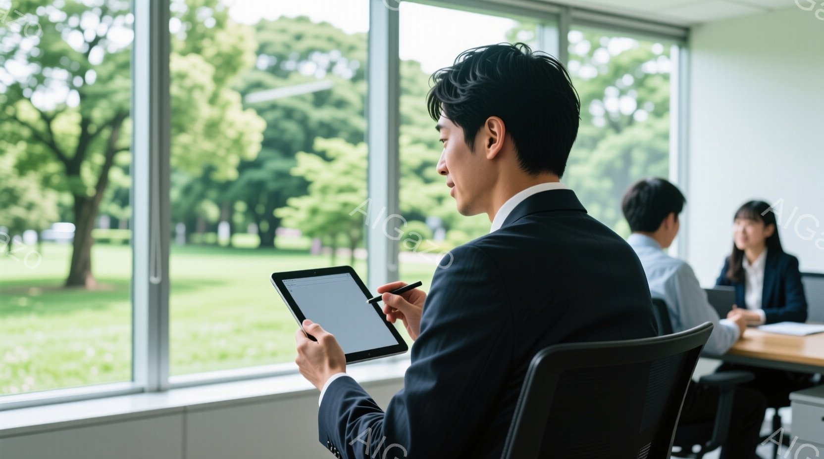 スーツを着た男性が窓際でタブレットを操作している。彼は黒髪で、後ろ姿から判断すると、真剣な表情で何かに集中しているようだ。背景には緑豊かな風景が広がり、明るい日差しが差し込んでいる室内は、ビジネスシー - AI生成フリー素材