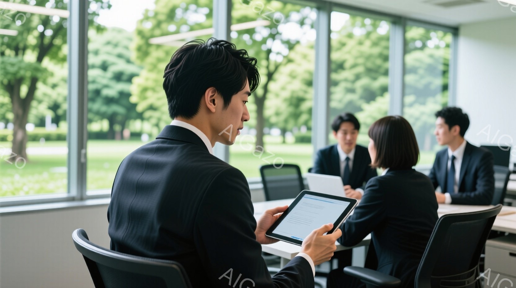 紺色のスーツを着た男性が、窓際に置かれたテーブルでタブレットを見つめている。彼は後ろ姿で、髪型は短く整えられている。窓の外には緑豊かな風景が広がり、晴れた空の下で自然光が差し込んでいる、会議室のような空間で、他の数名のビジネスマンもテーブルを囲んで議論している様子が見える。