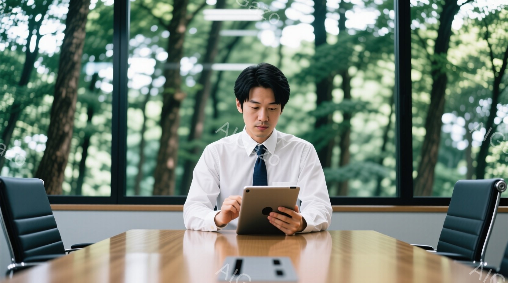 若い男性がテーブルに座り、タブレットPCを操作している。彼は白いシャツにネクタイ姿で、黒髪を短く整えている。背景には大きな窓があり、緑豊かな森が広がっており、明るい自然光が差し込んでいる。 - AI生成フリー素材
